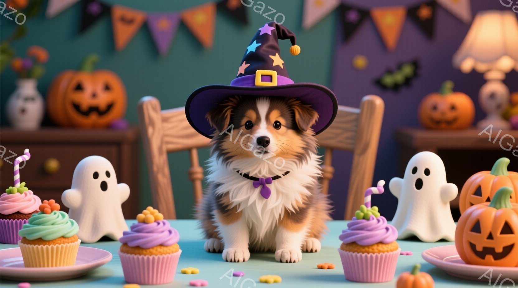 鮮やかな緑色の背景に、可愛らしい子犬がハロウィーンの帽子と首輪を身につけて座っています。周りにはお菓子やハロウィーンの飾り、例えばカボチャやお化けが配置されており、お祝いの雰囲気を醸し出しています。全 - AI生成フリー素材