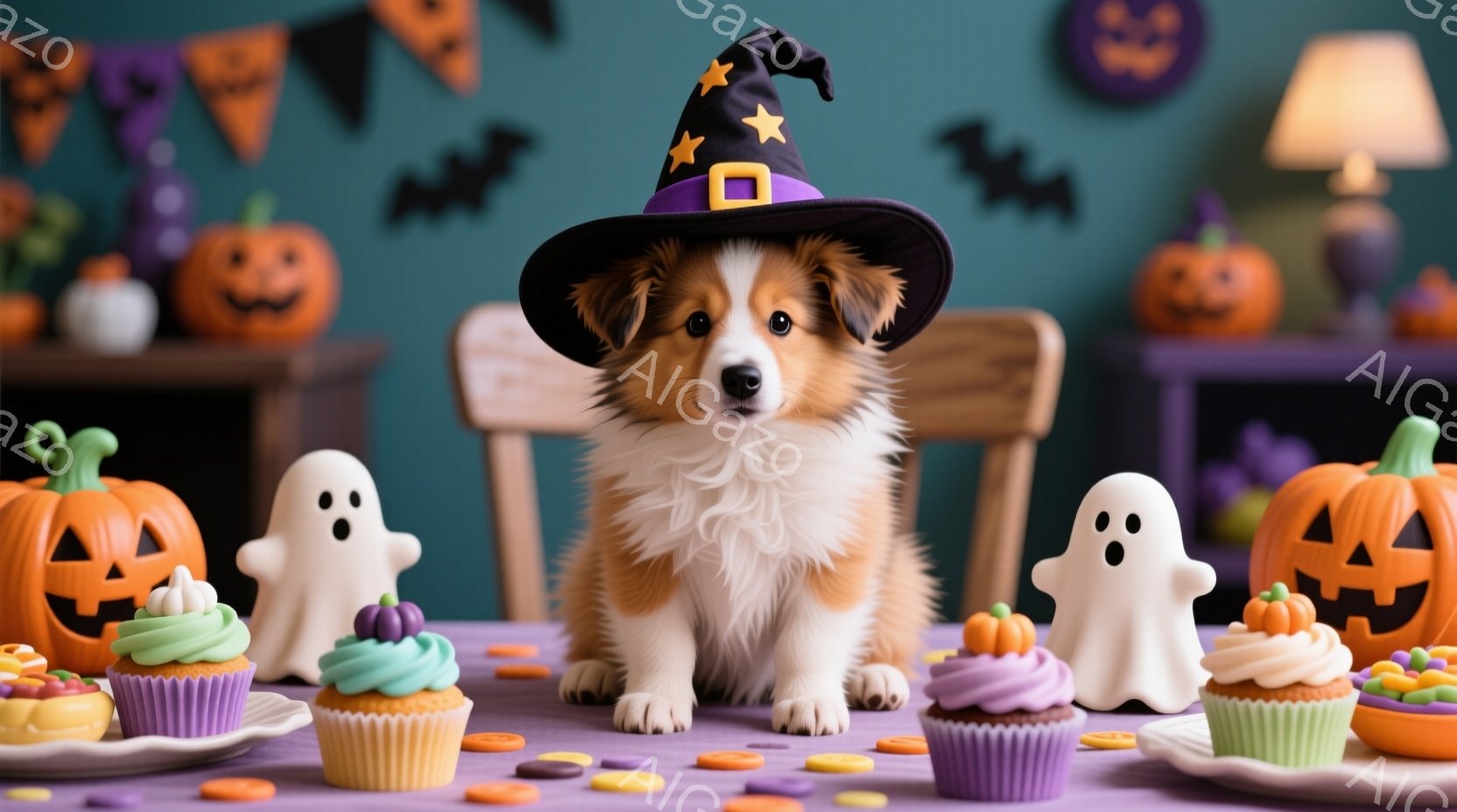 愛らしい子犬がハロウィーンの魔女帽子をかぶって、紫色のテーブルの上に座っています。テーブルの上には、ハロウィーンをテーマにしたカップケーキやキャンディー、そして可愛らしいお化けの置物が並べられています。背景には、ハロウィーンの飾り付けが施された部屋が写っており、全体的に暖かく、お祝いムードに包まれています。