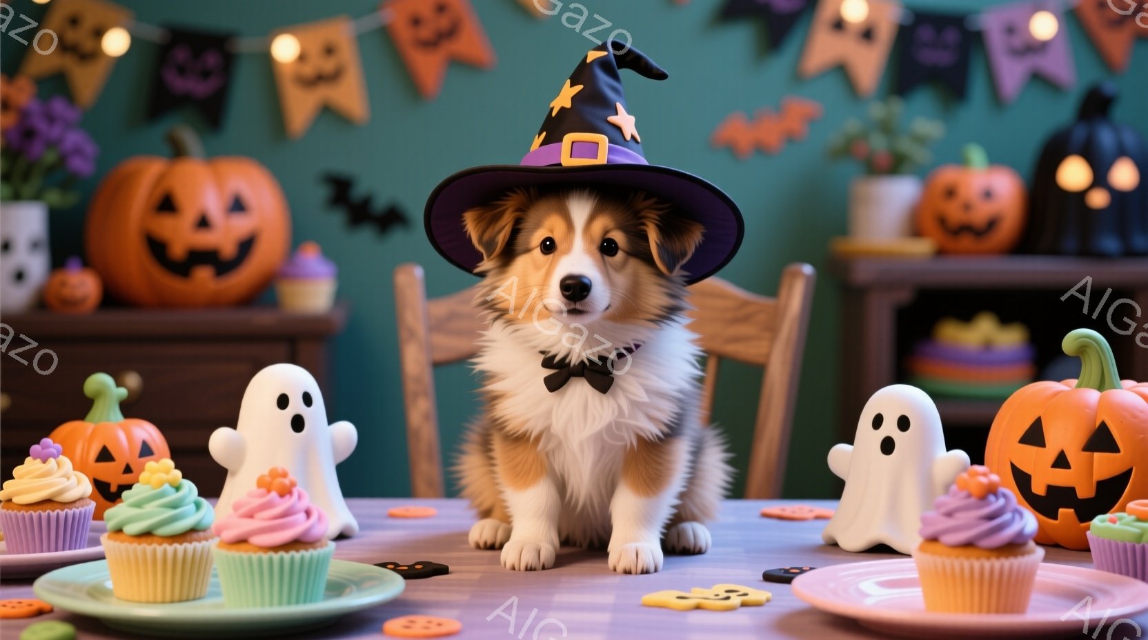 鮮やかな緑色の背景に、可愛らしいシェットランドシープドッグがハロウィーンの装いで座っています。黒い蝶ネクタイと魔女の帽子を身に着け、正面を見て穏やかな表情を浮かべています。テーブルの上には、ハロウィーンをテーマにしたカップケーキや小さな幽霊の置物が並べられ、背景にはカボチャの装飾が飾られています。