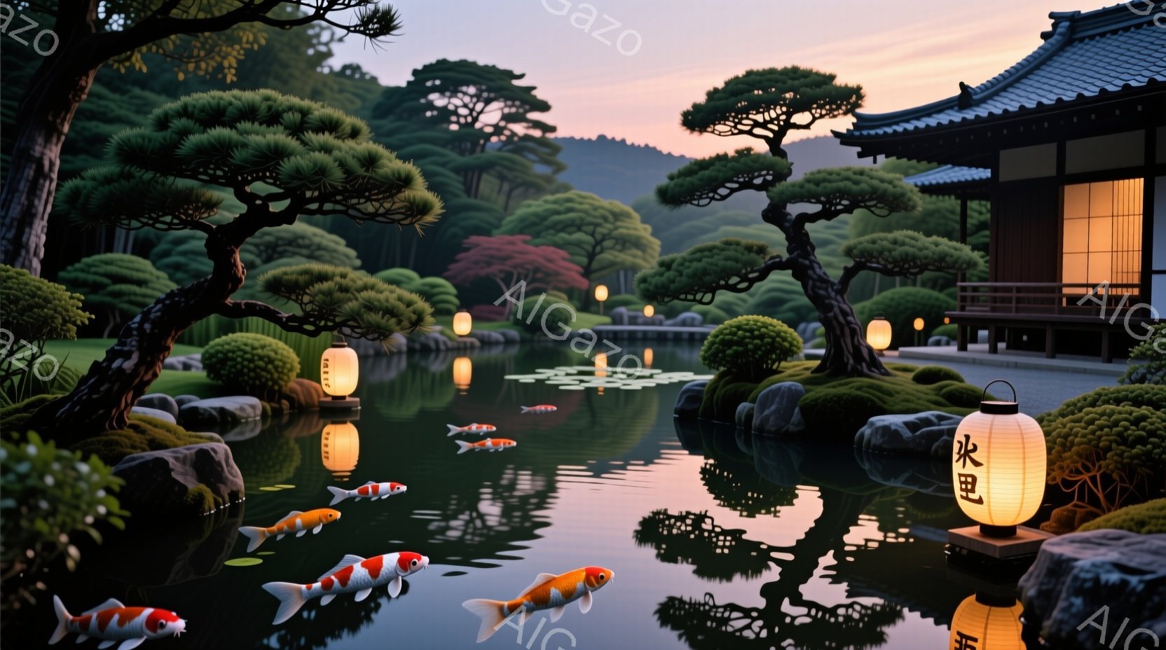 静かな池には、鮮やかな錦鯉が泳ぎ、水面に反射して美しい光景を作り出している。背景には、伝統的な日本建築と手入れの行き届いた庭園が広がり、夕焼け空の下、穏やかで平和な雰囲気が漂っている。提灯の柔らかな光が池を照らし、全体的に幻想的な空間を作り出している。