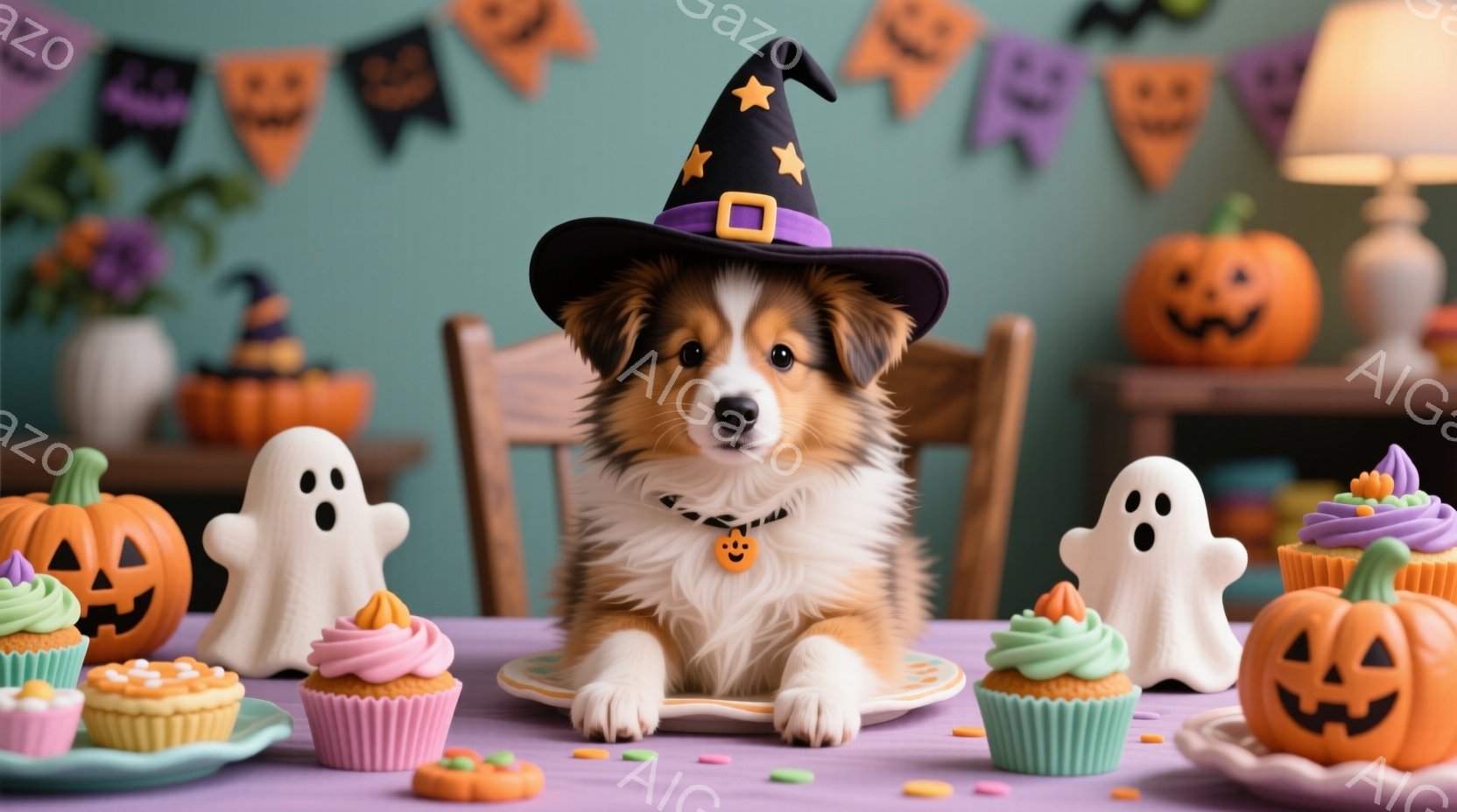 明るい紫色のテーブルの上に、ハロウィーンの帽子をかぶった子犬が座っています。その周りには、カボチャの形をしたお菓子や、お化けのクッキー、カップケーキが置かれており、テーブル全体がハロウィーンの装飾で彩られています。子犬は前足を伸ばしてリラックスした様子で、楽しげなハロウィーンの雰囲気を醸し出しています。