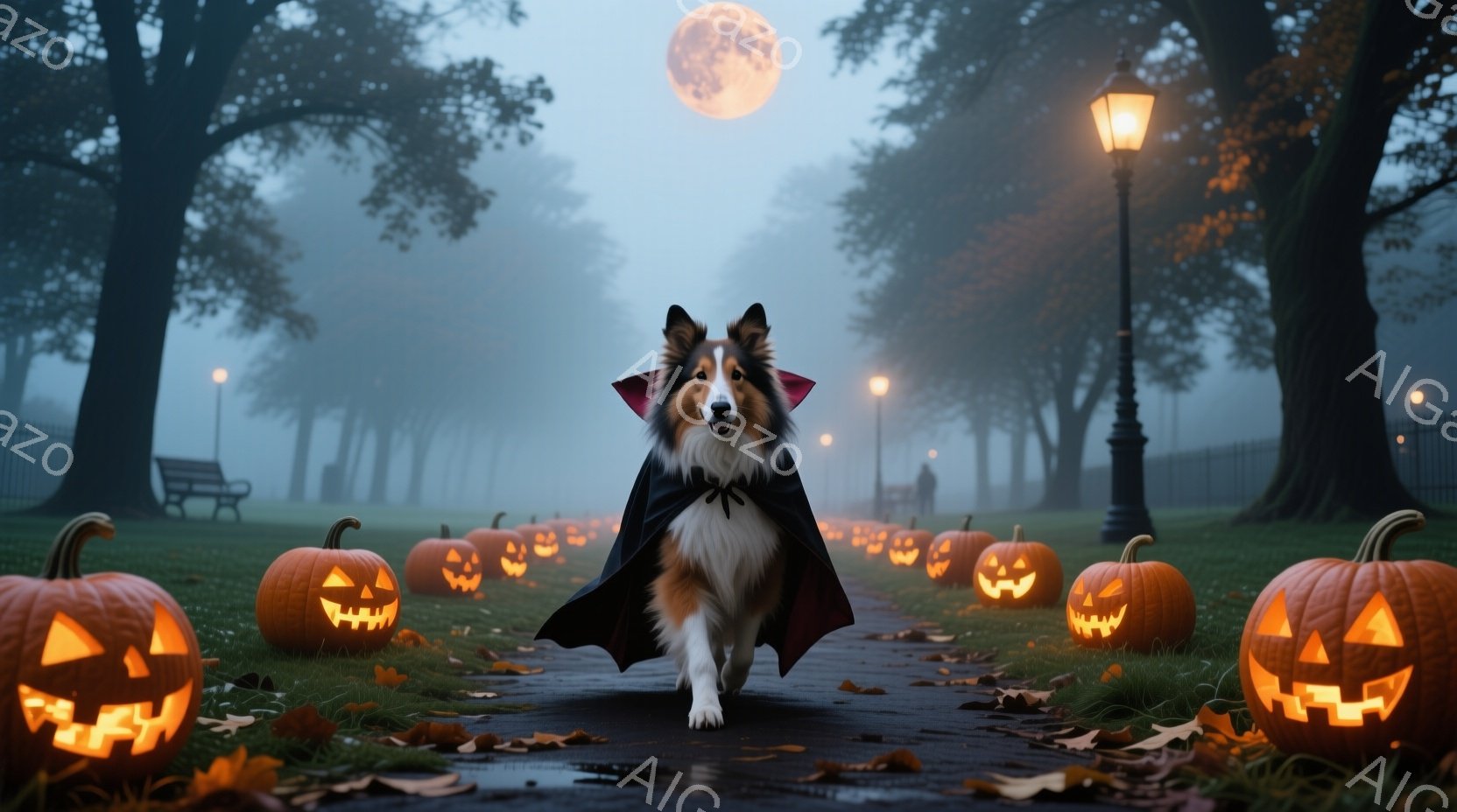 コリー犬がハロウィーンの衣装である黒いマントを着て、カボチャが並ぶ道を歩いている。背景には霧がかかった公園の風景が広がり、遠くにはベンチや街灯が見える。全体的に、ハロウィーンの夜の幻想的で少し不気味な雰囲気が漂っている。