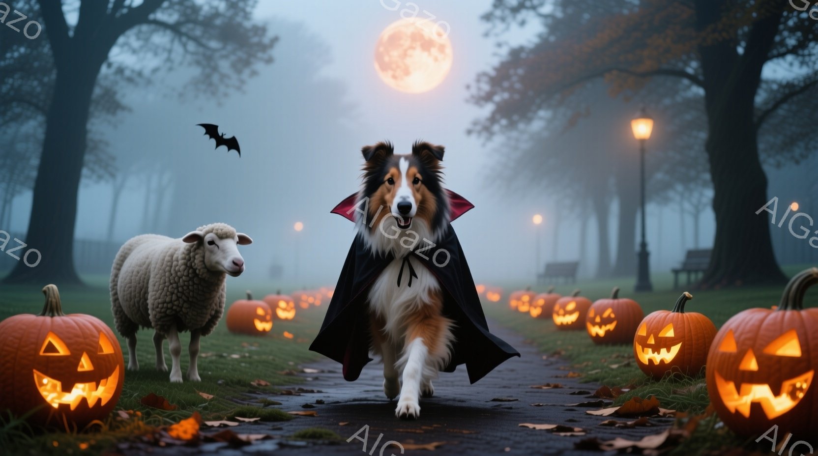 長毛のコリー犬が、黒いマントを羽織り、ハロウィーンの仮装をしています。道沿いにはたくさんのジャック・オ・ランタンが並び、背景には不気味な霧と満月が広がっています。全体的に、少し怖いけれどユーモラスなハロウィーンの雰囲気が漂っています。