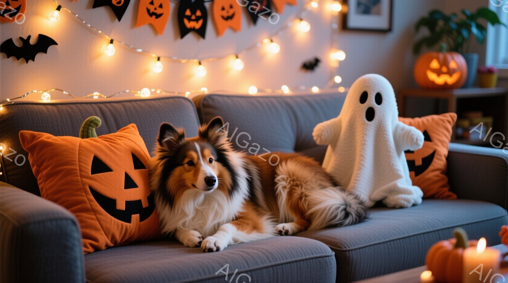 長毛のコリー犬が、ハロウィーンをテーマにした装飾が施されたリビングルームのソファに横たわっています。オレンジ色のカボチャ柄のクッションと白いお化けのぬいぐるみ、そしてハロウィーンのガーランドが背後に見 - AI生成フリー素材