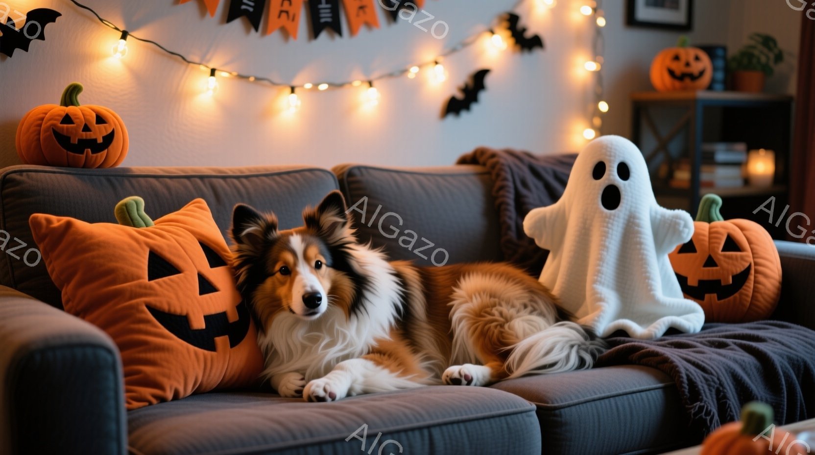 長い毛並みのコリー犬が、ハロウィーンの装飾がされたソファにゆったりと横たわっています。オレンジ色のジャック・オー・ランタンのクッションと、白い幽霊のぬいぐるみが犬の周りに置かれ、背景にはハロウィーンの - AI生成フリー素材