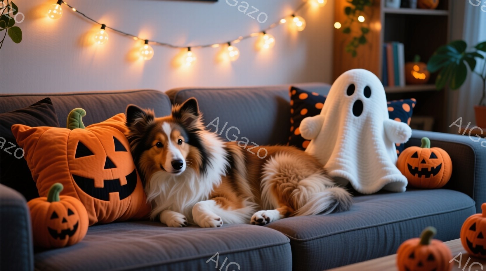 灰色のソファに、茶色と白のコリー犬が横たわっています。ハロウィーンの飾りであるカボチャのクッションとぬいぐるみのお化けに囲まれ、リラックスした表情をしています。背景には本棚や植物が見え、温かい光がハロウィーンの雰囲気を高めています。