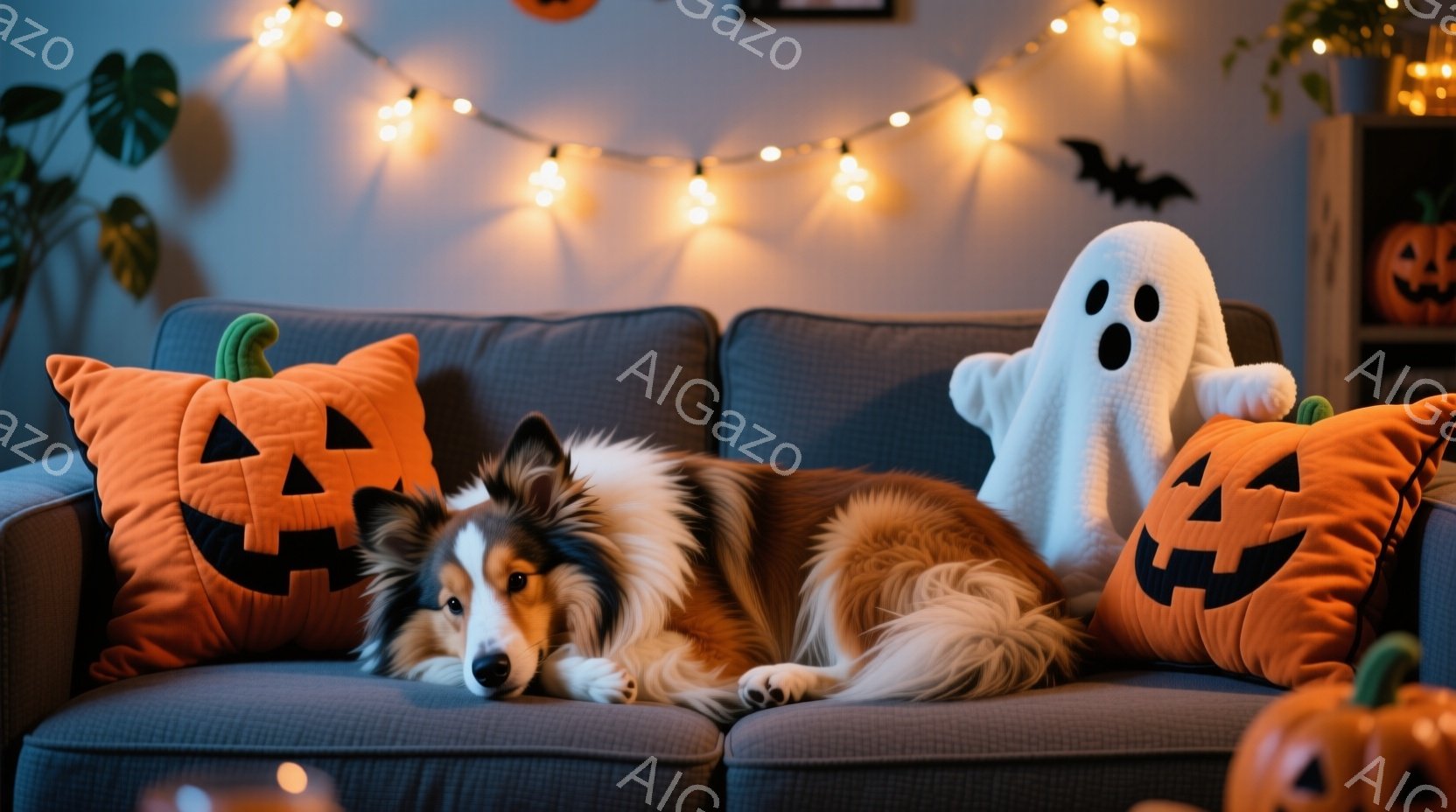 紺色のソファに、茶色と白の毛並みを持つコリー犬が横たわっています。ハロウィーンの飾り付けとして、カボチャのクッションと幽霊のぬいぐるみが置かれ、温かい光が灯るストリングライトが背景を彩っています。全体的に、リラックスした家庭的な雰囲気で、ハロウィーンの準備を楽しむ様子が伺えます。