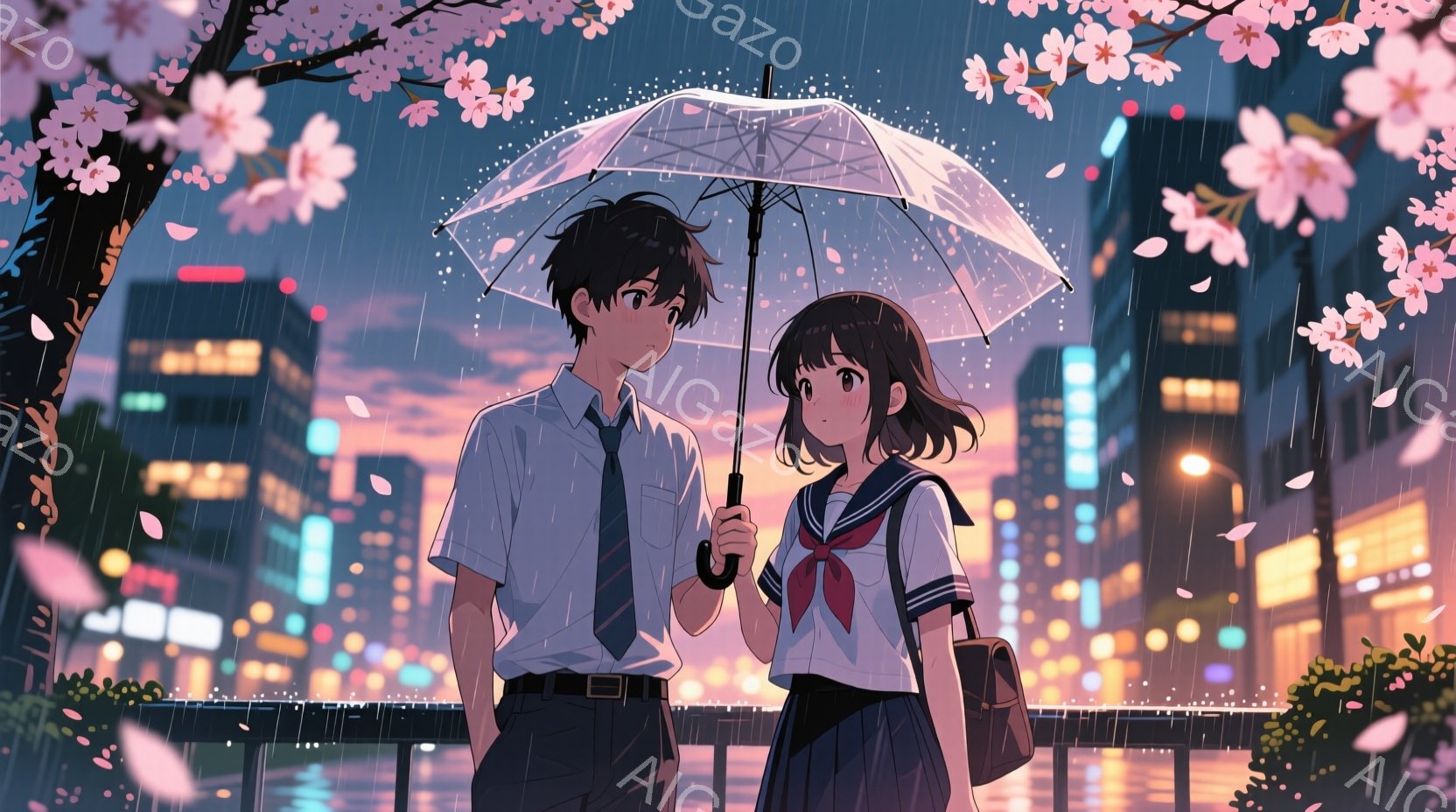 制服を着た少年と少女が雨の中、傘をさして並んでいます。少年は短髪で、ネクタイとズボン、ベルトを着用しており、少女は茶髪のボブヘアで、セーラー服を着ています。背景には夜景が広がり、街の光が雨に濡れた道路 - AI生成フリー素材