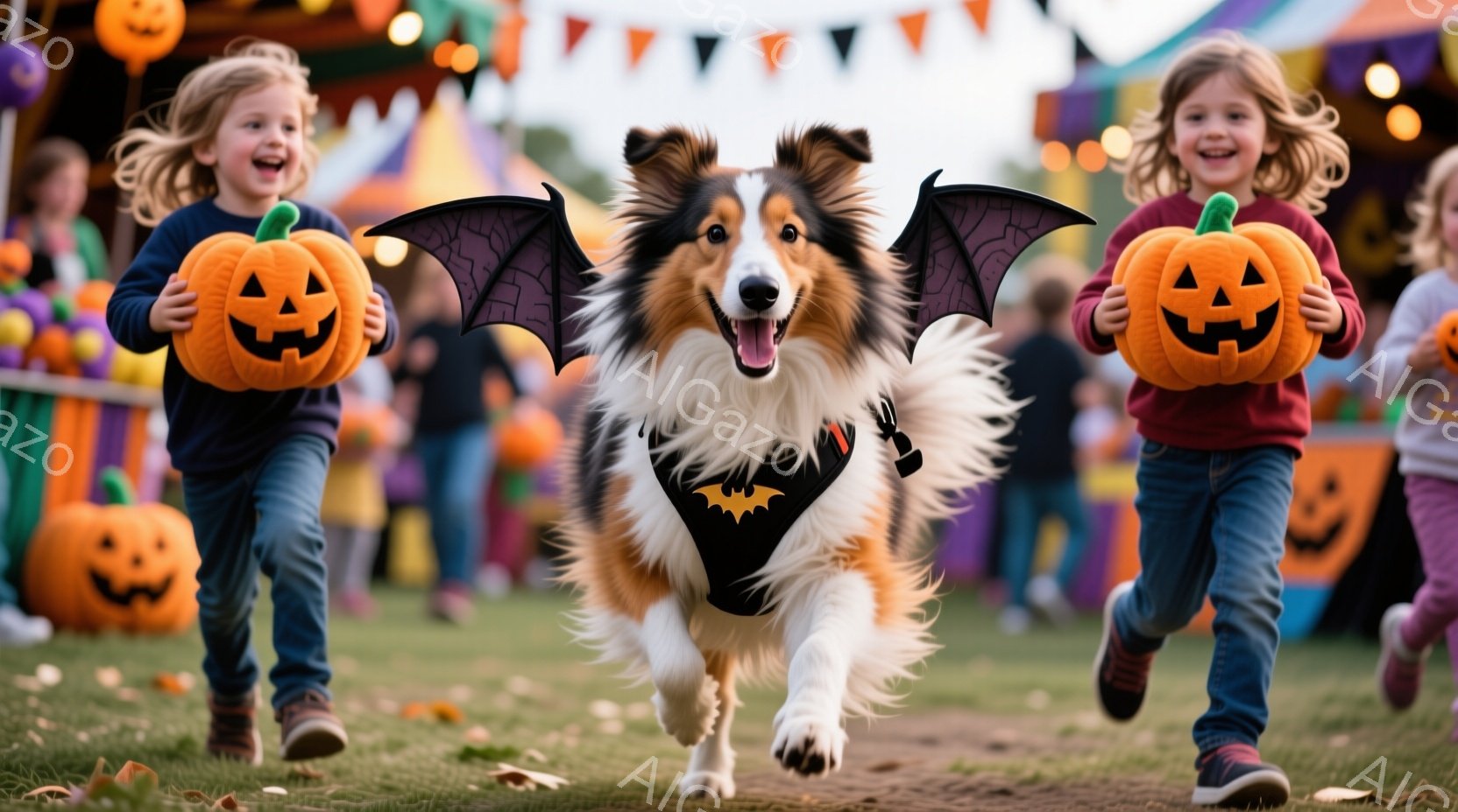 ２人の幼い女の子と、コリー犬がハロウィーンの飾り付けの中を走り抜けている。女の子たちはそれぞれオレンジ色のカボチャの形をしたお菓子入れを持っており、笑顔で楽しんでいる。背景には、カボチャの装飾や秋の自然が見え、全体的に明るく楽しいハロウィーンの雰囲気が漂っている。
