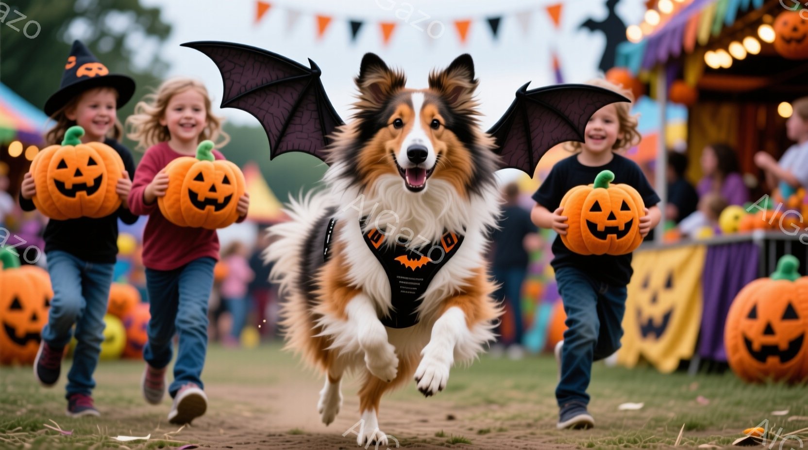 ハロウィーンを祝う子供たちと犬が写っています。子供たちはそれぞれカボチャのランタンを持って走り、犬は翼をつけたコスチュームを着ています。背景には、カラフルなカボチャの装飾が施された楽しい雰囲気のハロウ - AI生成フリー素材