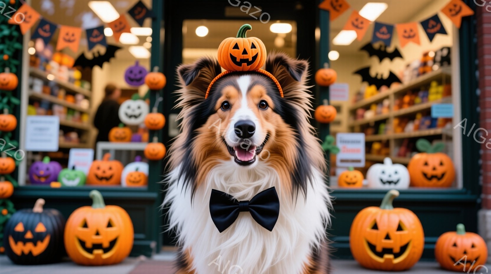 長毛のコリー犬が、ハロウィーンをテーマにした背景の前で正面を向いています。犬は頭にカボチャの飾り、首に蝶ネクタイをつけており、口を開けて嬉しそうに笑っています。背景には、たくさんのカボチャのランタンと、ハロウィーンの装飾がされた店舗があり、お祭り気分を盛り上げています。