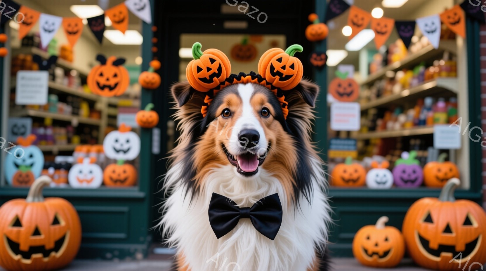 ゴールデンレトリバーのような犬が、ハロウィーンの飾り付けがされた店の前に立っている。黒い蝶ネクタイと、カボチャの飾り付けがついたヘッドバンドを身に着け、口を開けて楽しそうに笑っている。背景には、オレンジ色や紫色のハロウィーンの装飾が施された店内の様子が見え、全体的に陽気で可愛らしい雰囲気が漂っている。