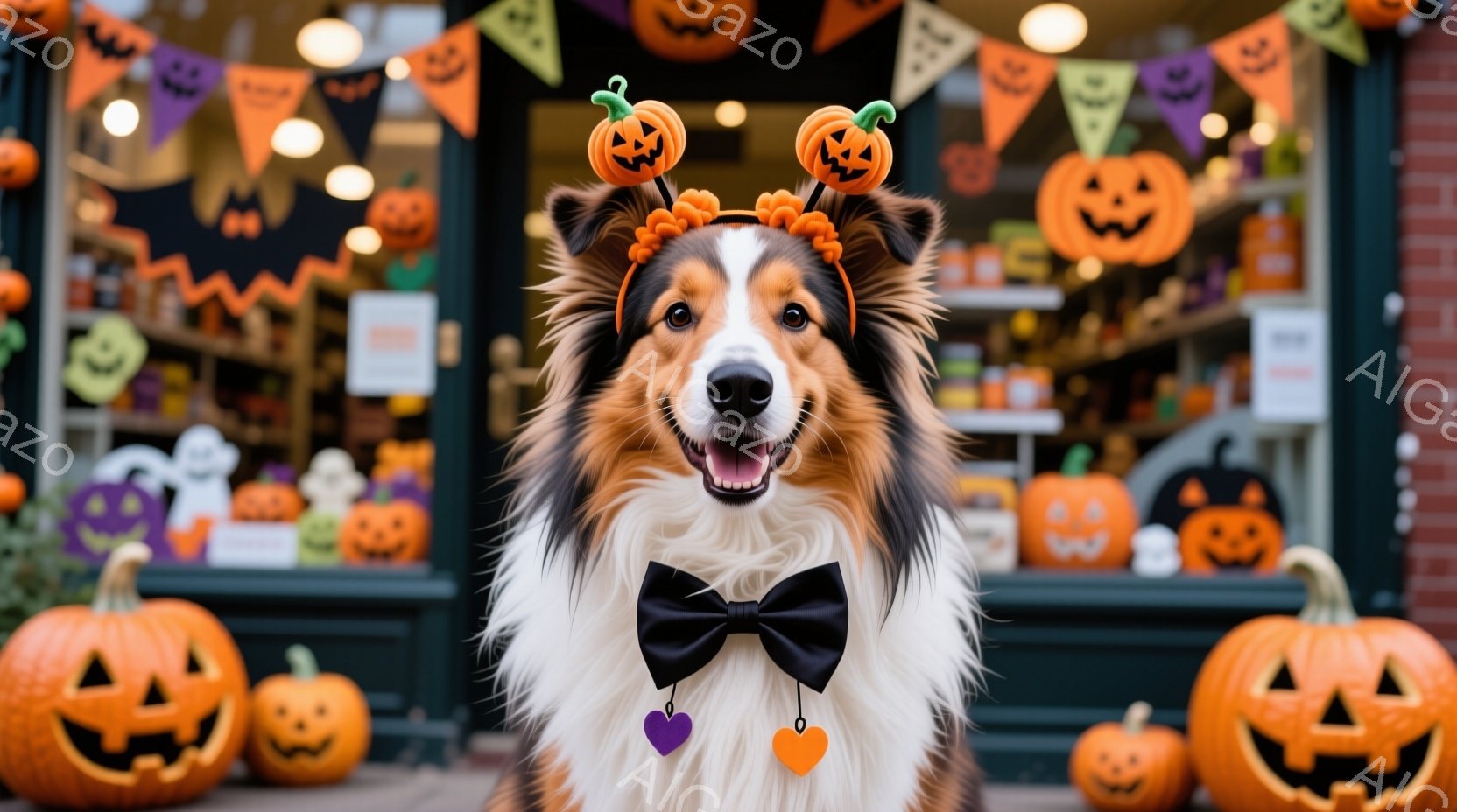 長毛のコリー犬が、ハロウィーンをテーマにした飾り付けの前で正面を向いています。犬は頭にカボチャの飾りをつけ、黒い蝶ネクタイを着て、口を開けて笑顔を見せています。背景には、様々なカボチャのランタンやハロウィーンの装飾が施された店が写り、祝祭的な雰囲気を醸し出しています。