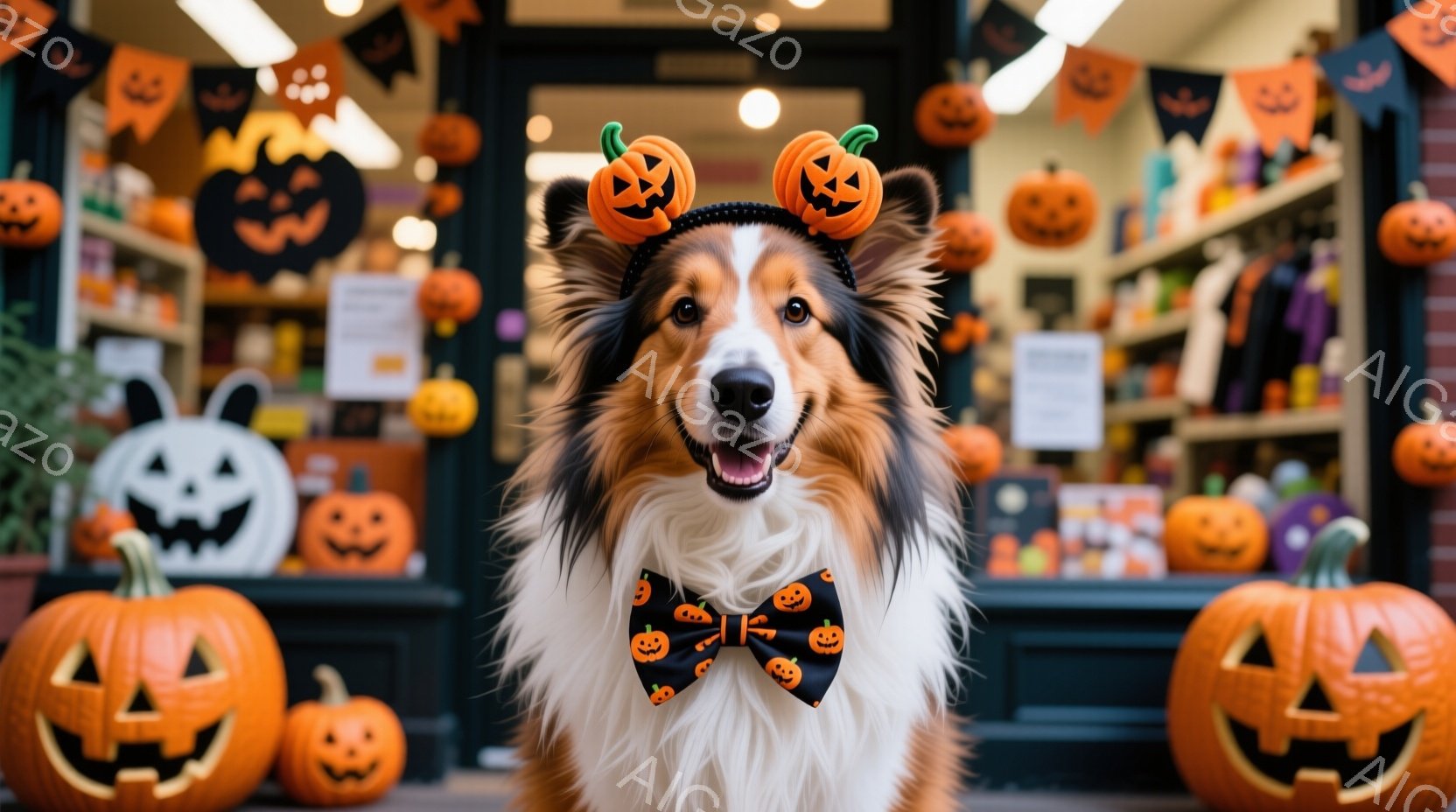 美しい毛並みのコリー犬が、ハロウィーンをテーマにした飾り付けの中で正面を見つめています。頭には小さなカボチャのついたヘッドバンド、首にはカボチャ柄の蝶ネクタイをつけており、口を開けて楽しそうに笑っています。背景には、様々な大きさのカボチャやハロウィーンの装飾が飾られたお店があり、全体的に陽気で楽しい雰囲気が漂っています。