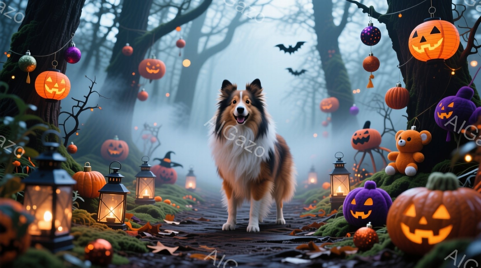 コリー犬が、ハロウィーンの装飾で飾られた森の小道の中央に立っている。周囲には、さまざまな色のジャック・オー・ランタンや、提灯、そして小さなハロウィーンの置物が散りばめられ、少し不気味で幻想的な雰囲気を醸し出している。背景は霧に包まれ、暗い木々が立ち並び、ハロウィーンの夜の静けさとミステリーを強調している。