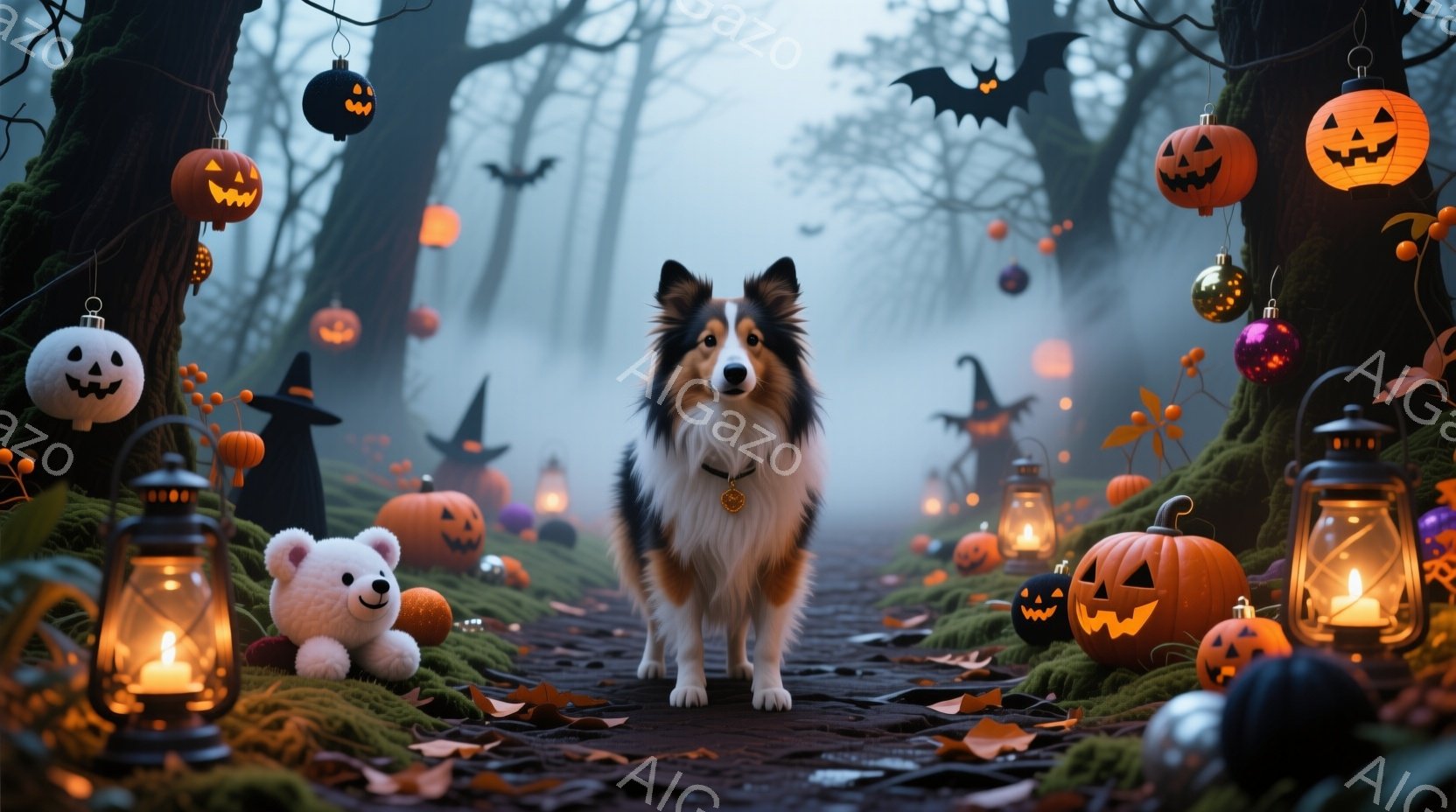 白と茶色のボーダーコリーが、ハロウィーンの装飾で飾られた森の小道の中央に立っている。周囲には、様々な大きさのジャック・オー・ランタン、熊のぬいぐるみ、コウモリの飾り、そして提灯が散りばめられ、落ち葉が - AI生成フリー素材