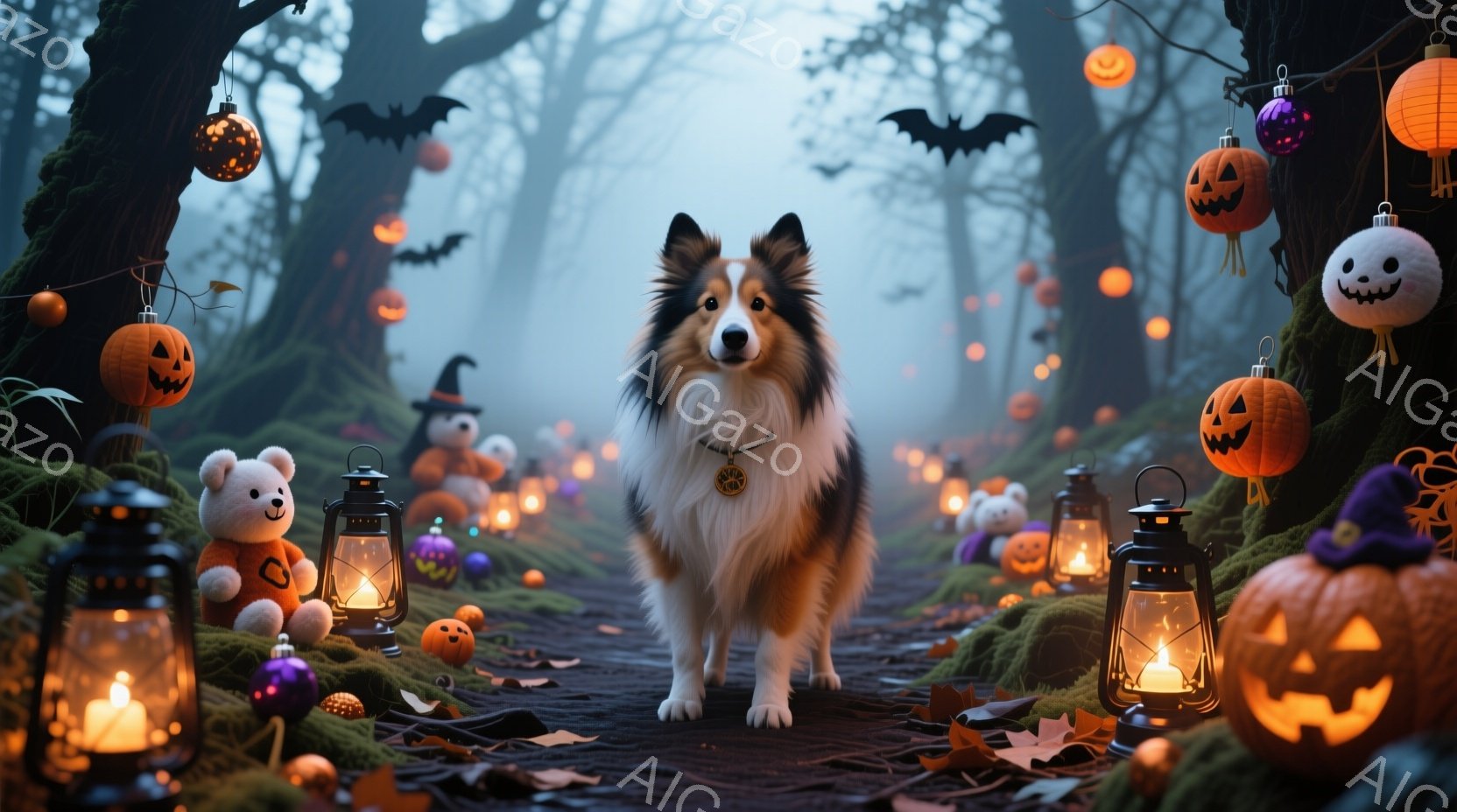 白と茶色のボーダーコリーが、ハロウィーンの装飾が施された森の小道の中央をまっすぐ見て立っている。周囲には、様々な大きさのジャック・オ・ランタン、熊のぬいぐるみ、幽霊の飾り、そしてカボチャのオーナメント - AI生成フリー素材