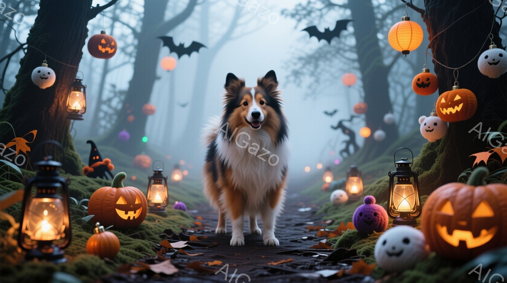 コリー犬が、ハロウィーンの飾り付けがされた森の中の道に立っている。周りには、カボチャのランタン、幽霊、コウモリが浮かび、道沿いには緑の苔が生えている。全体的に、薄暗い森の中のハロウィーンの雰囲気で、どこか幻想的で可愛らしい印象を与える。