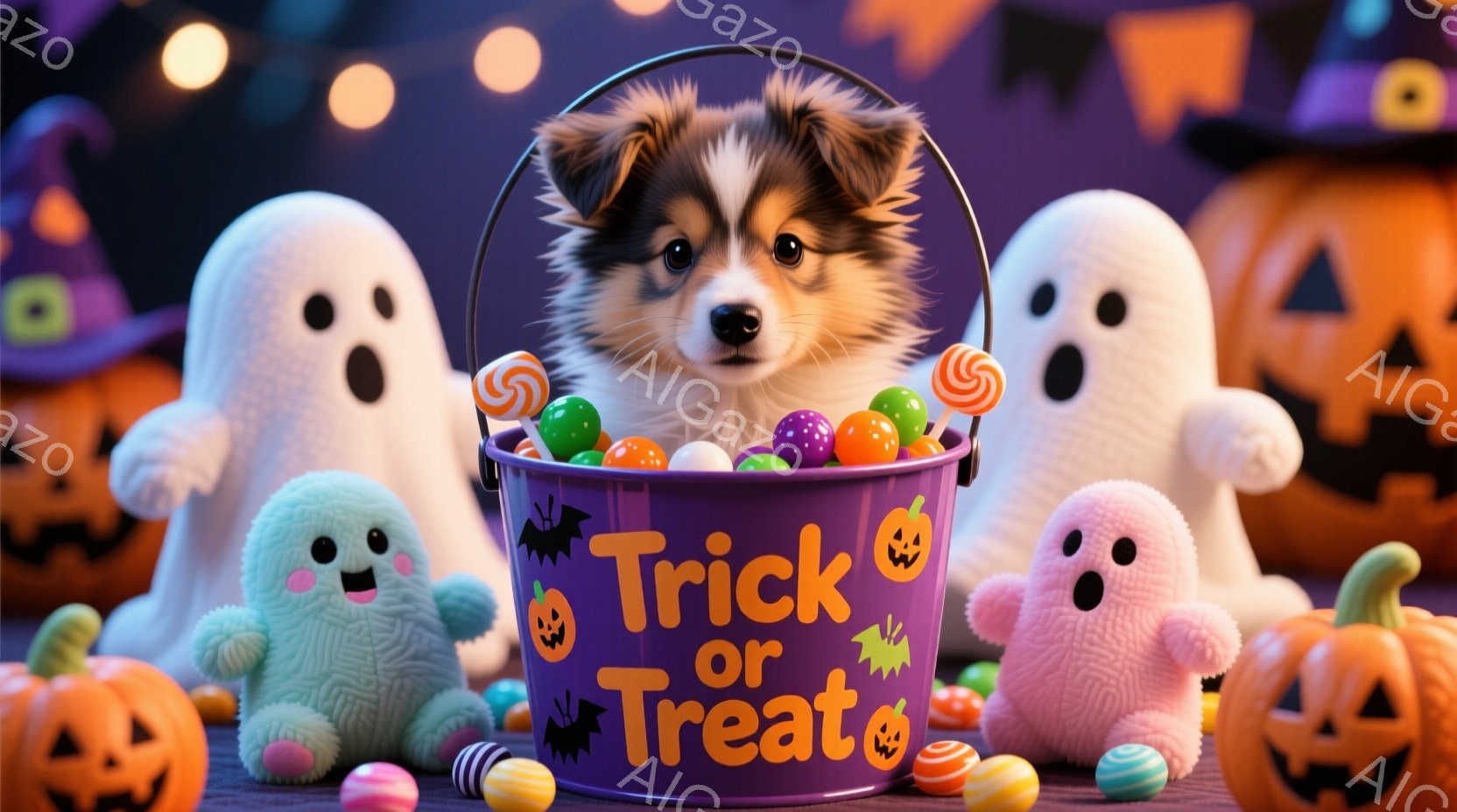 紫色の「トリック・オア・トリート」と書かれたバケツの中に、茶色と白の毛並みを持つ子犬が可愛らしく顔を出しています。背景には、様々な表情をしたお化けや、ジャック・オー・ランタンが配置され、ハロウィーンの - AI生成フリー素材