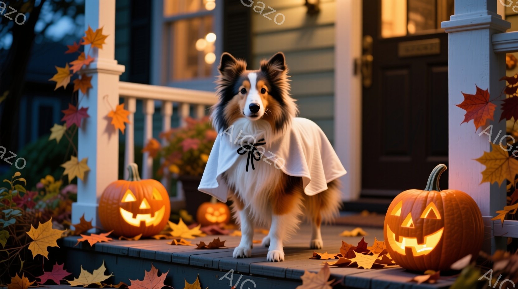 茶色と白の毛並みのコリー犬が、ハロウィーンの衣装である白いマントを羽織って、家のポーチの階段に立っている。周りには落ち葉や、ジャック・オー・ランタンが置かれ、秋の夜の温かく、お祝いの雰囲気を作り出している。犬は正面を見据え、落ち着いた表情で、まるでハロウィーンの訪問者を迎えているかのようだ。