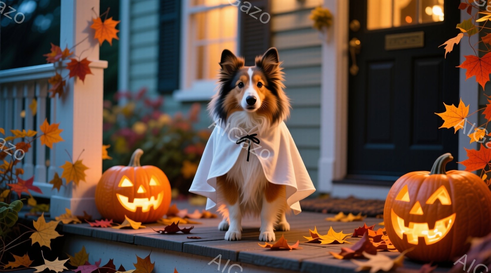 長毛のコリー犬が、ハロウィーンのために白いマントを羽織って正面を向いて立っています。犬の周りにはオレンジ色のカボチャが置かれ、地面や階段には色とりどりの紅葉が散らばっています。背景には建物のシルエットが見え、全体的に暖かく、お祝いムードに満ちた秋の夜の雰囲気が漂っています。