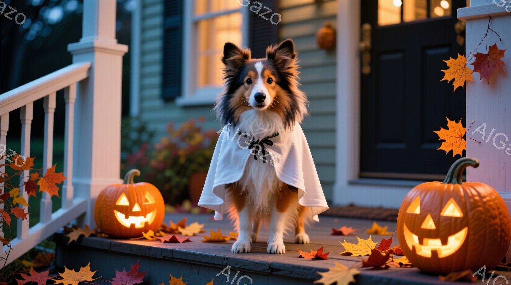 茶色と白の毛並みのシェットランド・シープドッグが、白いマントを羽織って家のポーチの階段に立っています。周りにはハロウィーンの飾りのカボチャと落ち葉が散らばり、暖かく穏やかな雰囲気です。カボチャはそれぞれ異なる表情で彫られており、背景の家は温かい光で照らされています。