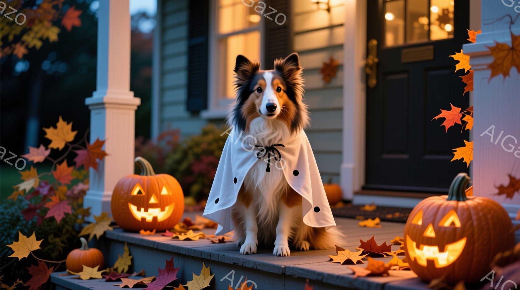 コリー犬がハロウィーンの衣装である白いマントを羽織って階段に座っています。周囲には彫刻が施されたジャック・オ・ランタンと、散りばめられた紅葉の葉が広がっており、暖かい光が犬とカボチャを照らしています。背景には住宅が見え、秋らしい穏やかで楽しい雰囲気が漂っています。