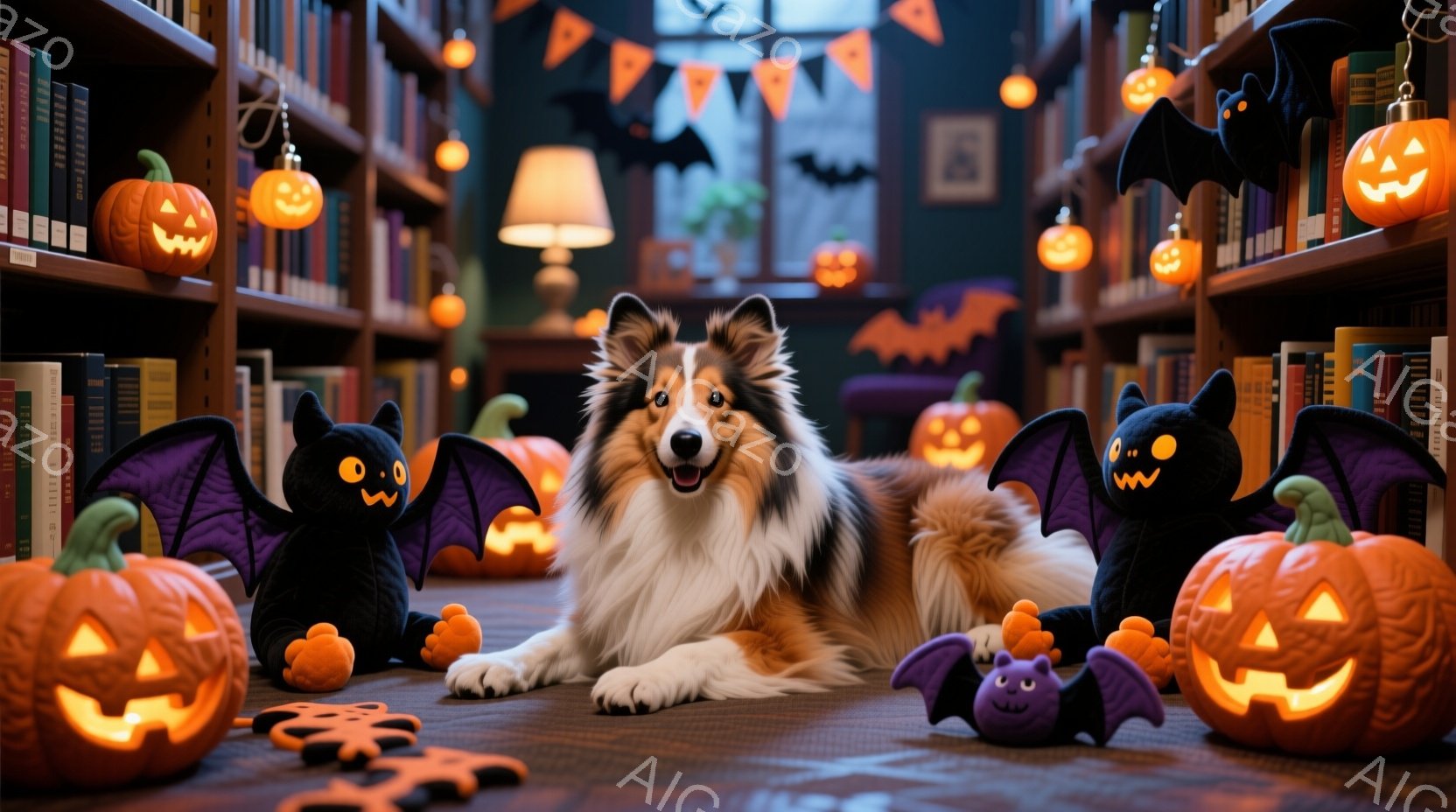 長毛のコリー犬が、ハロウィーンの装飾で飾られた書斎でくつろいでいます。周りにはカボチャのランタン、コウモリのぬいぐるみ、オレンジ色のガーランドが配置され、ハロウィーンらしい雰囲気を醸し出しています。犬はリラックスした表情で、書斎の床に横たわり、オレンジ色と黒色の装飾に囲まれています。