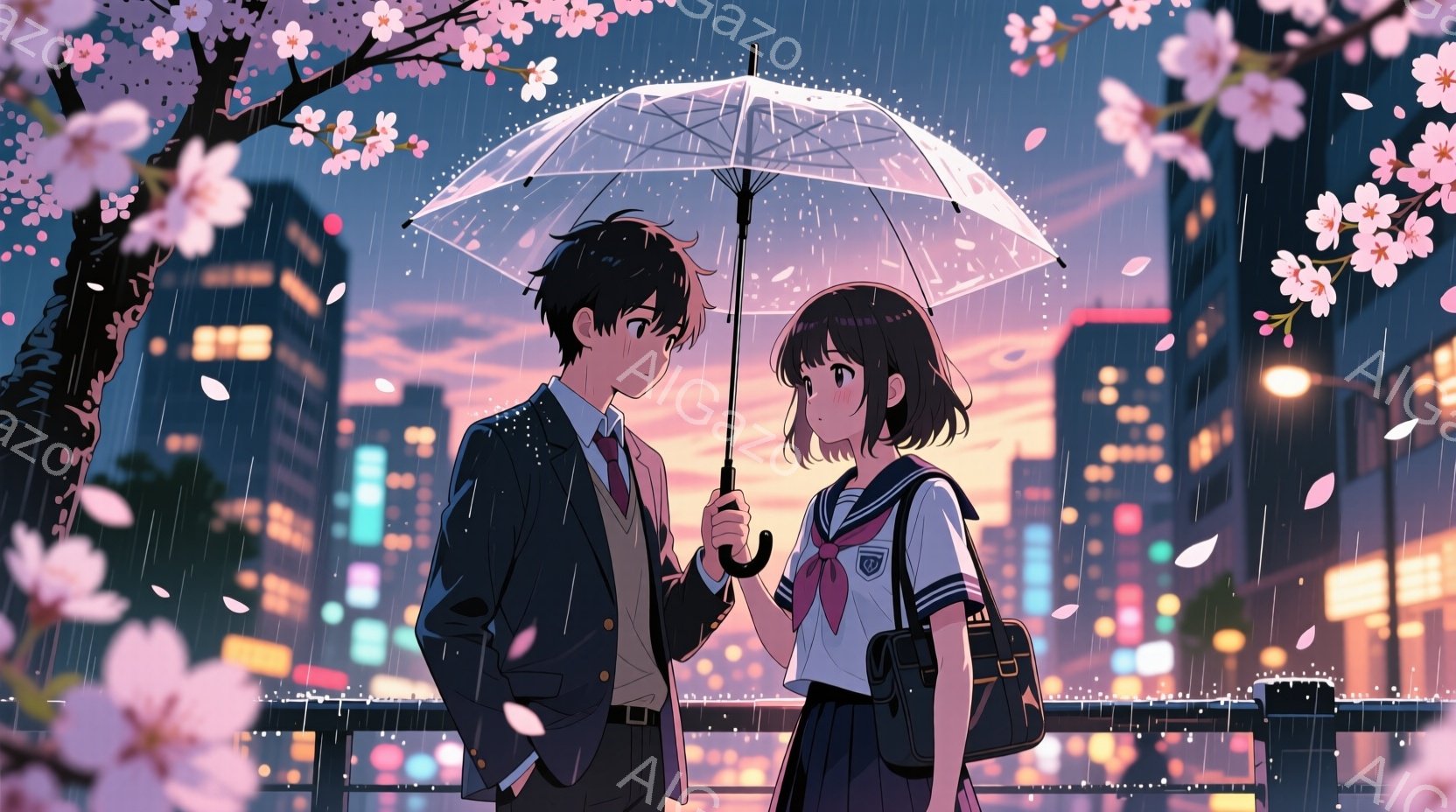 少年と少女は雨の中で寄り添い、透明な傘を共有している。少年は制服にネクタイ姿で、少し憂いを帯びた表情をしている。背景には夜景が広がり、桜の花びらが舞い散る幻想的な雰囲気である。