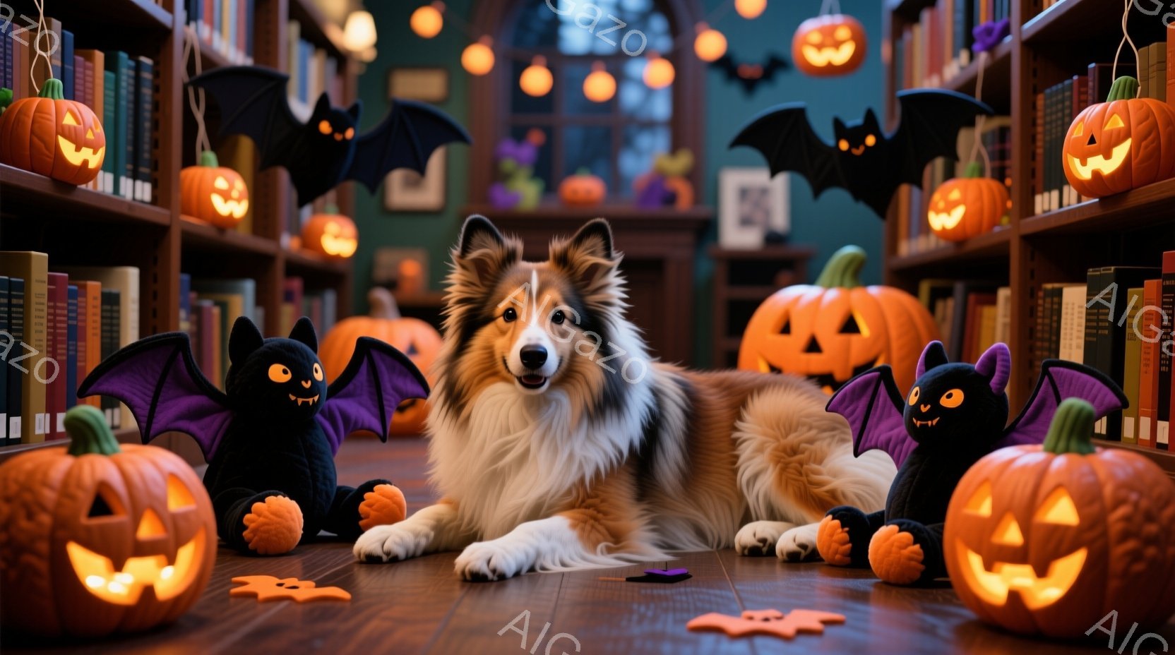 長毛のコリー犬が、ハロウィーンの装飾で飾られた部屋の中心でリラックスして横たわっています。周囲には、くり抜かれたジャック・オー・ランタンや、黒いバットのぬいぐるみ、ハロウィーンを象徴するカットアウトが散りばめられ、暖かくお祝いムードを醸し出しています。背後には本棚が並び、部屋全体が秋の夜の穏やかな雰囲気で満たされています。