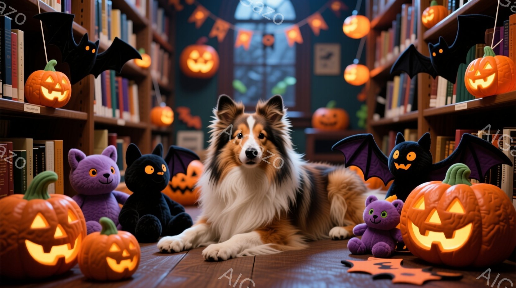 長毛のコリー犬が、ハロウィーンの飾り付けがされた部屋でくつろいでいる。周りには、カボチャのランタンや黒猫のぬいぐるみ、紫色の可愛いお化けなどが置かれ、ハロウィーンの雰囲気が満載だ。背景には、本棚が並び、暖かく、お祝いのムードが漂っている。