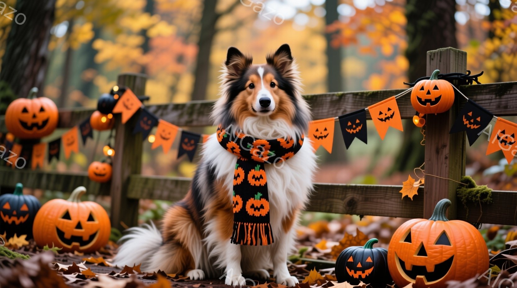 美しいコリー犬がハロウィーンの装飾に囲まれて座っています。オレンジと黒の縞模様のスカーフを巻き、少し微笑んでいるように見え、背景にはカラフルな落ち葉と、様々な大きさのジャック・オ・ランタンが並んでいま - AI生成フリー素材