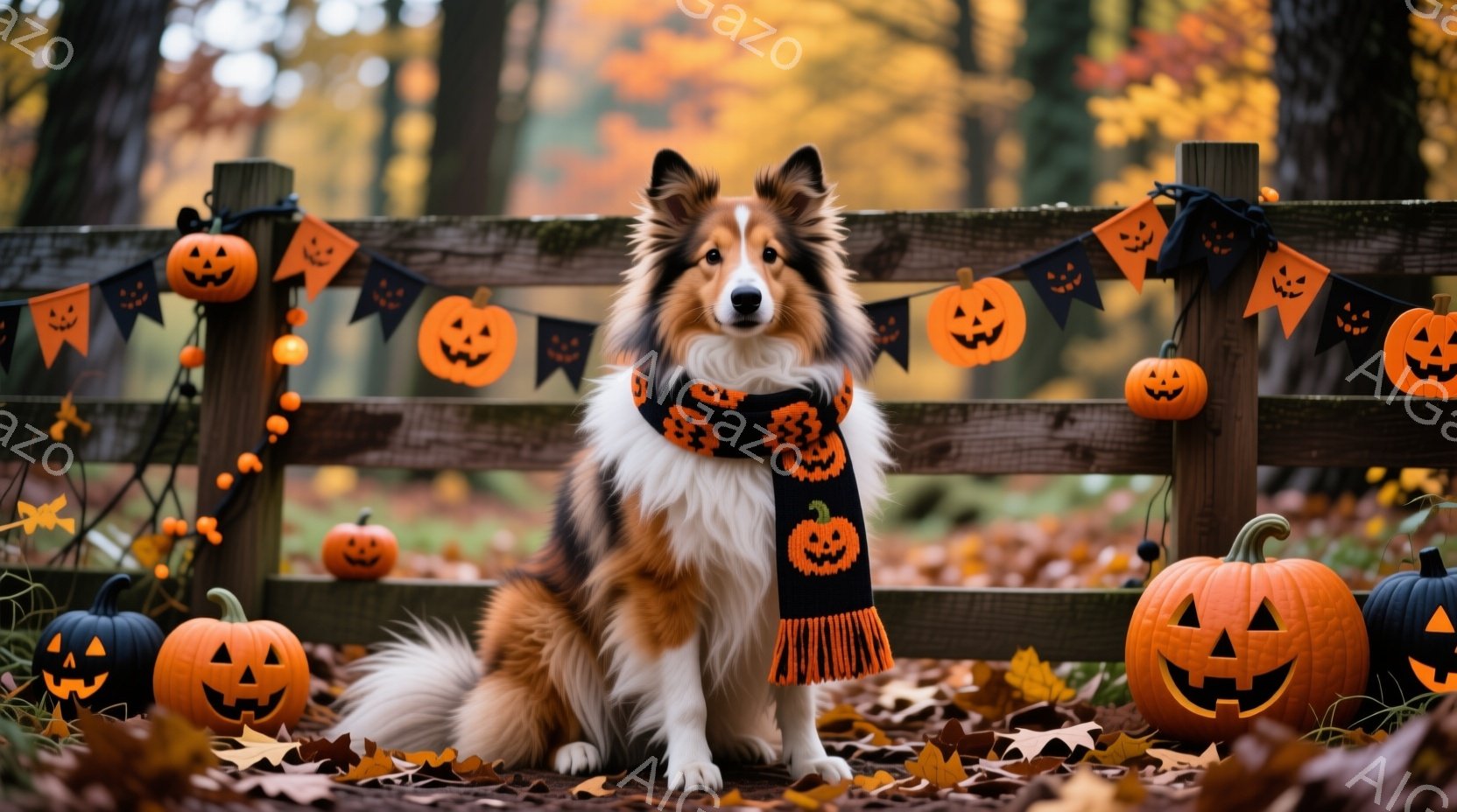 コリー犬が、ハロウィーンをテーマにしたフェンスの前に座っています。犬はオレンジと黒のストライプのスカーフを巻いており、背景にはさまざまな大きさのジャック・オ・ランタンが置かれ、落ち葉が散らばっています。全体的に、秋の暖かく、お祝いの雰囲気が漂っています。