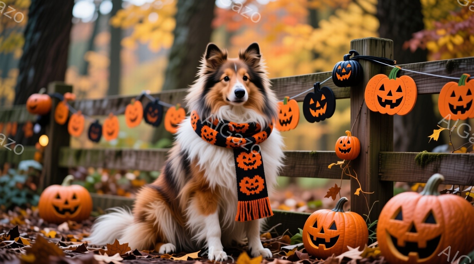コリー犬が、ハロウィーンをテーマにした飾り付けられたフェンスの前で座っています。オレンジと黒の縞模様のスカーフを巻いており、周囲にはさまざまな大きさのジャック・オ・ランタンが散りばめられています。背景 - AI生成フリー素材