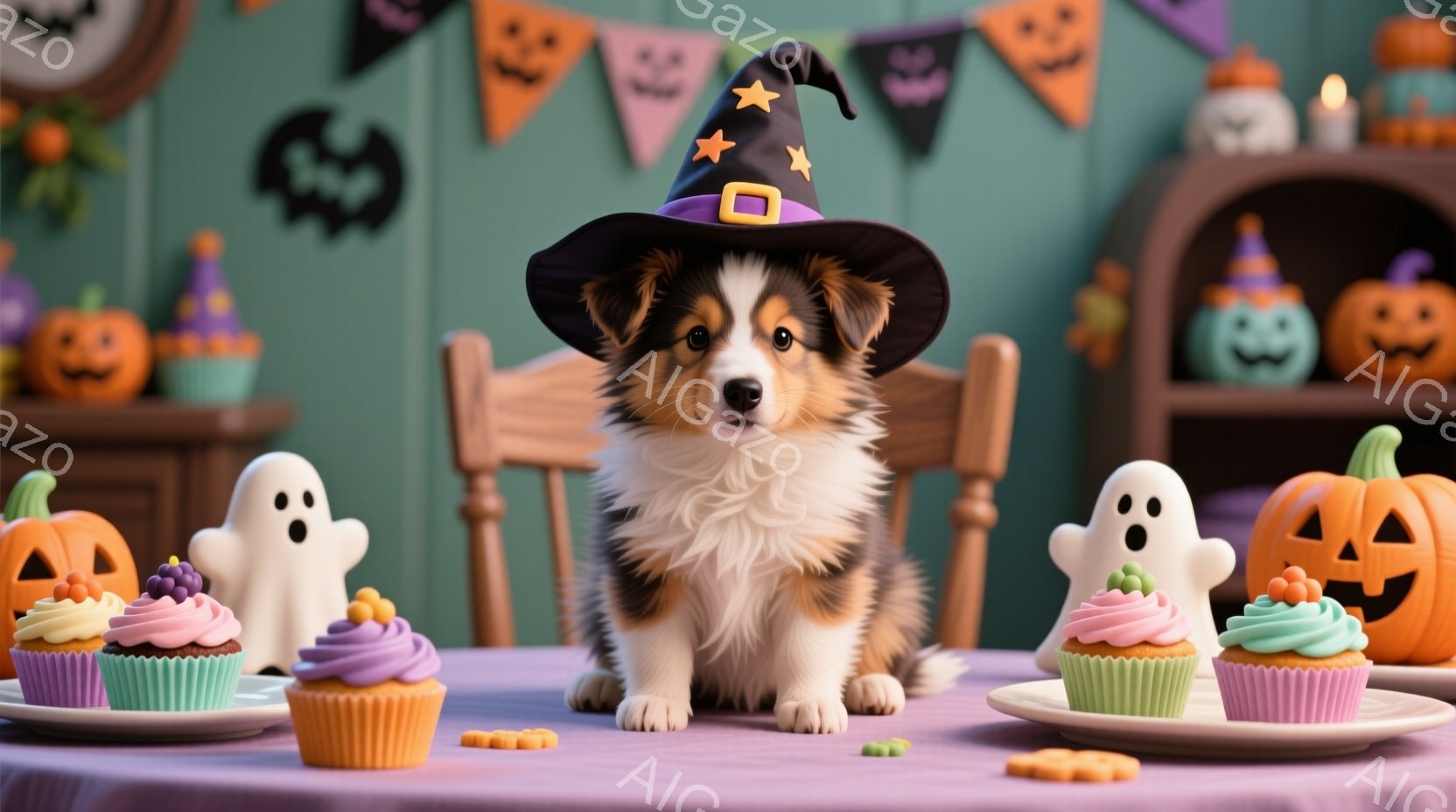 小さなシェットランドシープドッグが、ハロウィーンをテーマにしたテーブルに座り、魔女の帽子を被っています。テーブルの上には、お化けやカボチャの形をしたカップケーキ、そして小さなハロウィーンのお菓子が並べられています。背景には、ハロウィーンの装飾が施された部屋がぼやけて見え、全体的に明るく可愛らしい雰囲気です。