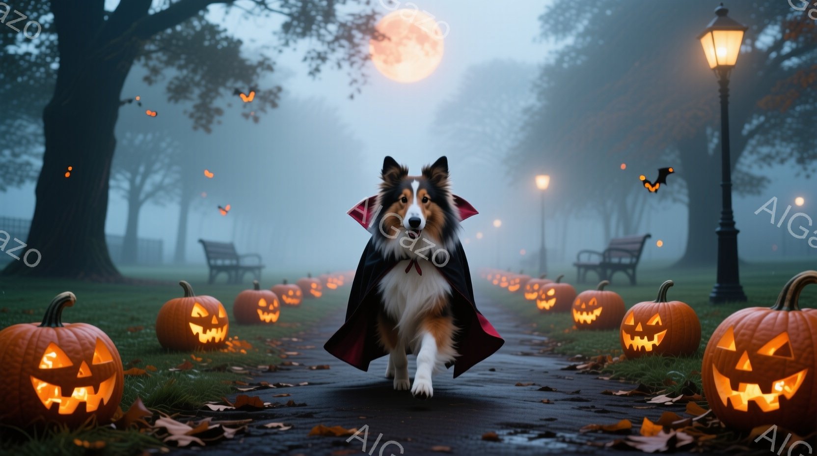 コリー犬がハロウィーン用の黒いマントを羽織って、庭の小道の中央をまっすぐ見て歩いています。周りにはジャック・オー・ランタンが並び、背景にはぼんやりとした木々と公園のベンチが見え、夜空には満月が輝いています。 全体的に、ハロウィーンの夜の、少し不気味で幻想的な雰囲気を醸し出しています。