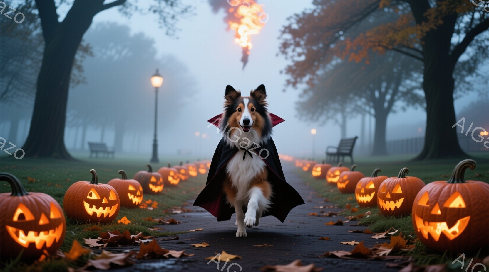 コリー犬がハロウィーンの衣装である黒いマントを身に着け、公園の小道をまっすぐ走っている。両脇にはたくさんのジャック・オ・ランタンが並び、背景には霧がかった木々とベンチが見える。 全体的にハロウィーンの神秘的で楽しい雰囲気が漂っている。