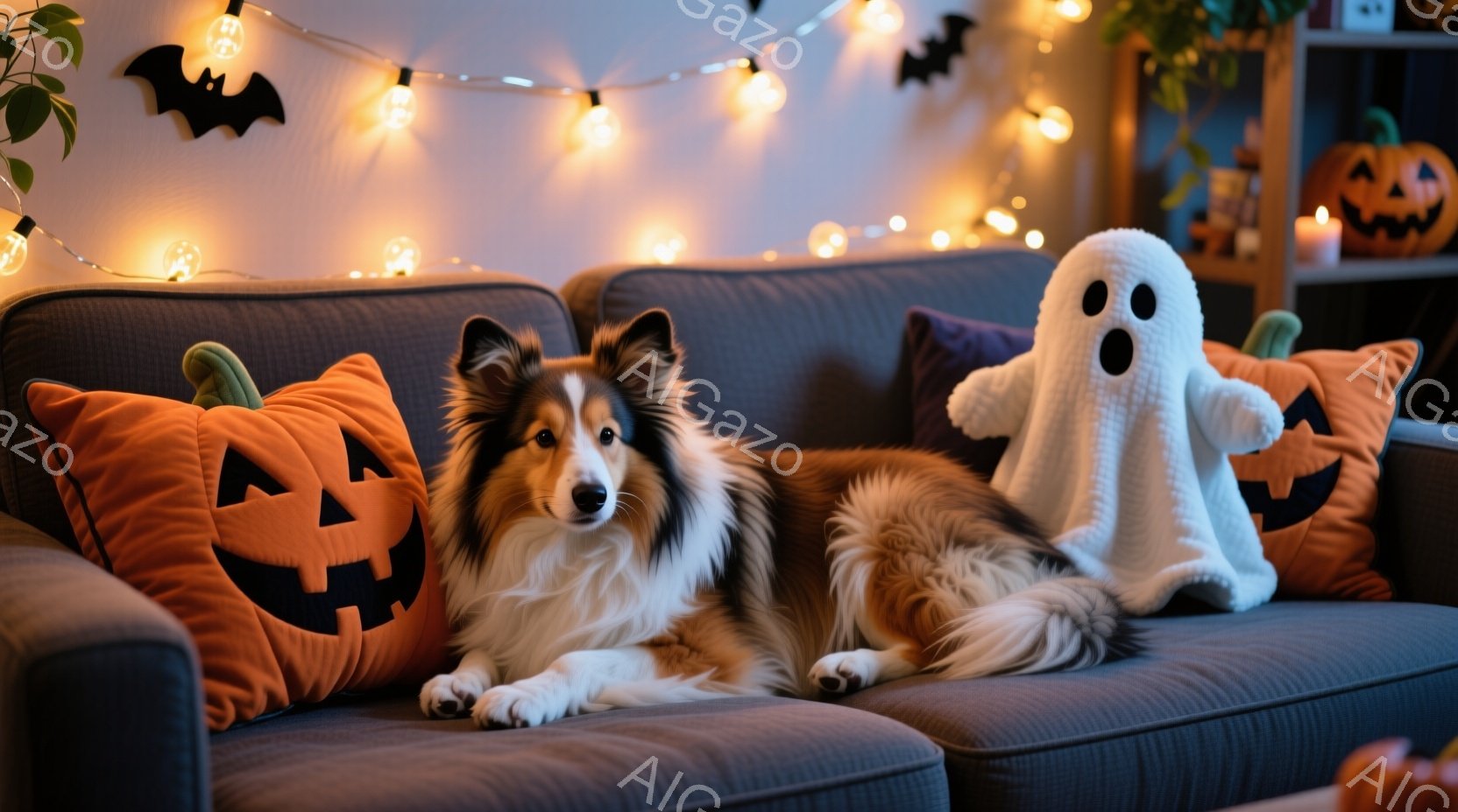 長毛のコリー犬が、ハロウィーンをテーマにしたクッションとぬいぐるみと一緒に、グレーのソファに横たわっています。背景には、ハロウィーンの装飾であるカボチャやコウモリのシルエット、そして温かい光のガーランドが見えます。全体的に、暖かく、居心地の良い、そしてハロウィーンの雰囲気が漂う室内空間です。