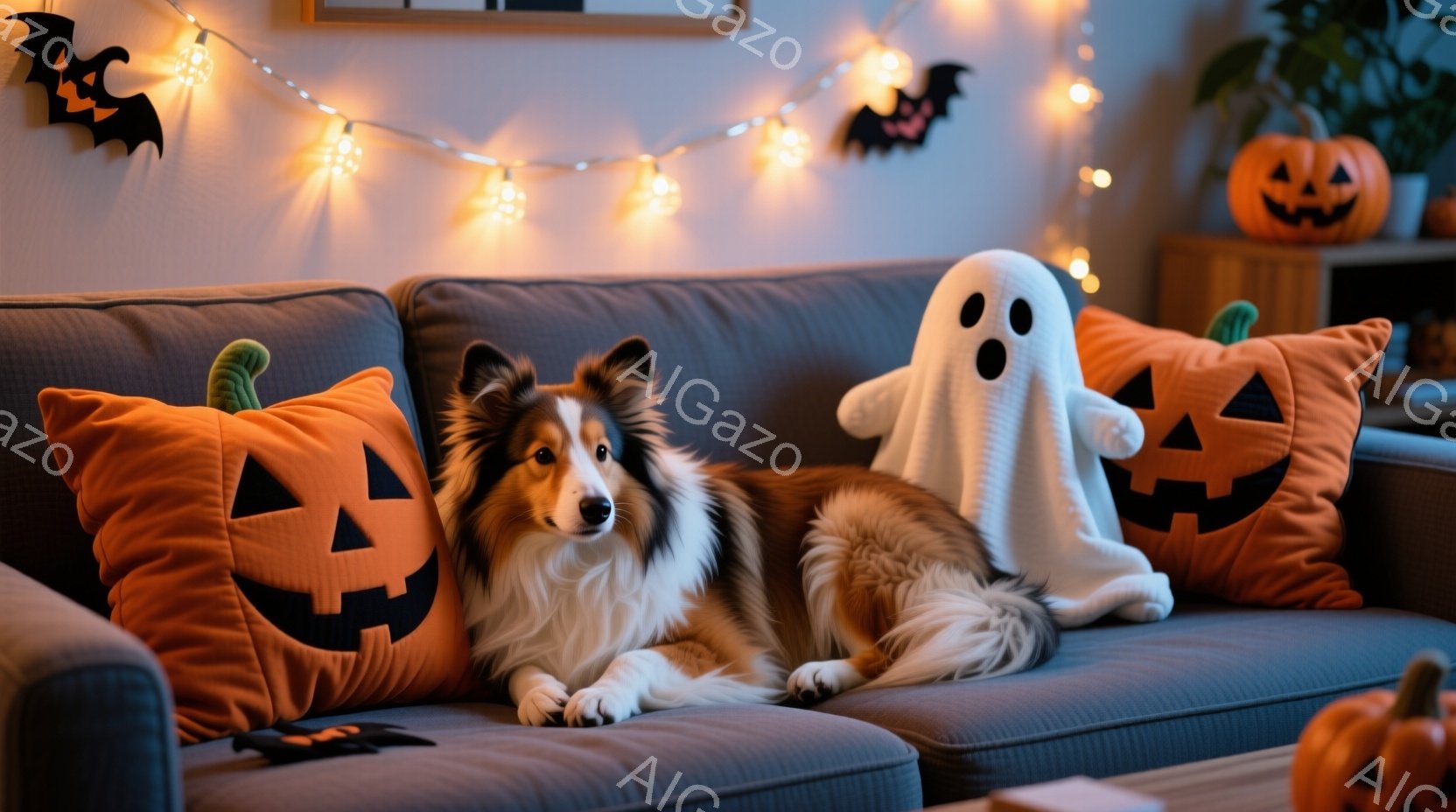ソファにコリー犬が横たわり、ハロウィーンの飾り付けに囲まれています。犬はリラックスした様子で、オレンジ色のカボチャ柄のクッションと白い幽霊のぬいぐるみに挟まれています。背景には、ハロウィーンのバットの飾りと小さなカボチャが置かれたテーブルが見え、温かく楽しい雰囲気が漂っています。