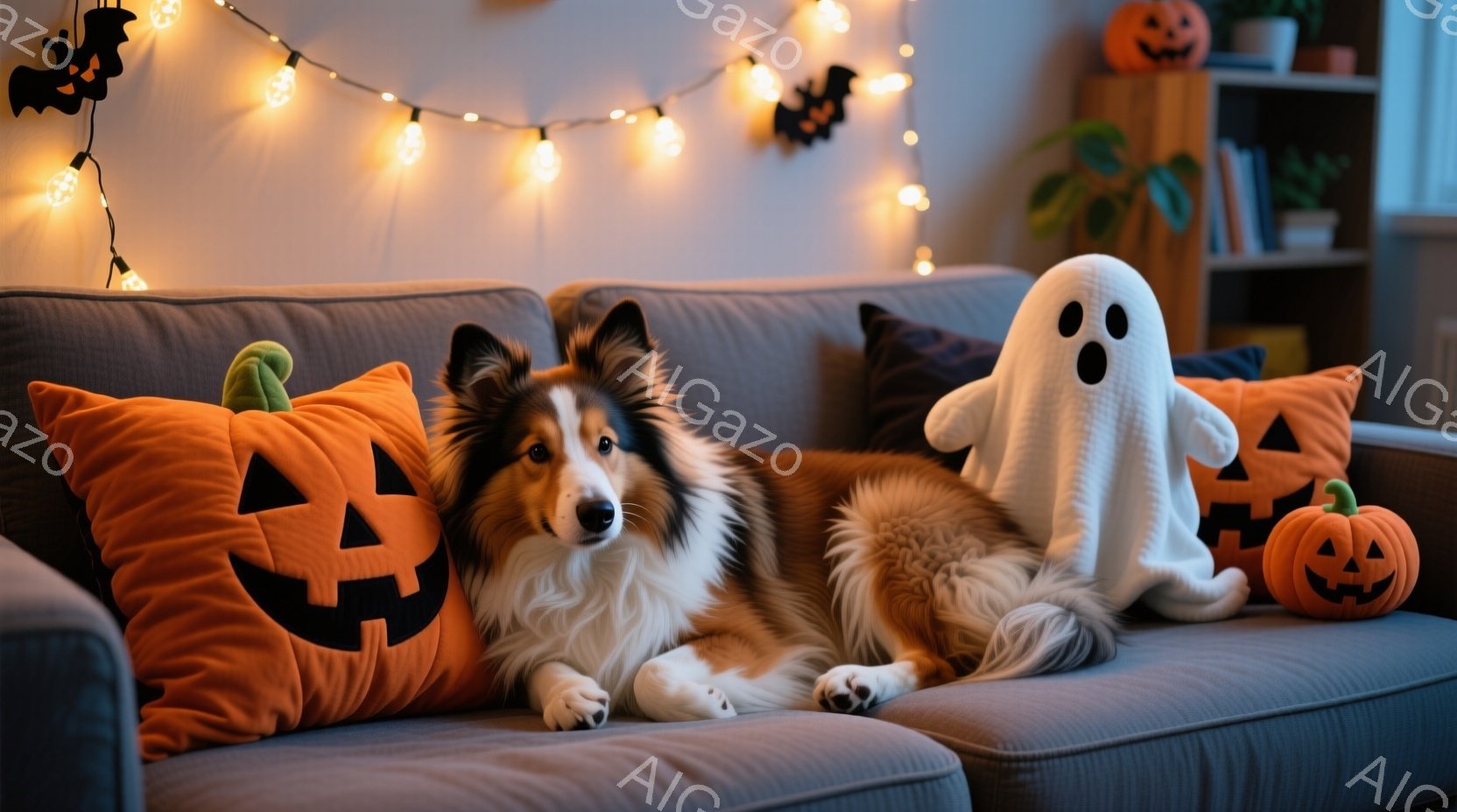 コリー犬が、ハロウィーンの装飾が施されたグレーのソファに横たわっています。周りにはカボチャのクッションや幽霊のぬいぐるみ、そしてハロウィーンの飾り付けが散りばめられており、暖かくお祝いムードが漂っています。犬はリラックスした表情で、秋のハロウィーンを楽しむ様子が伺えます。