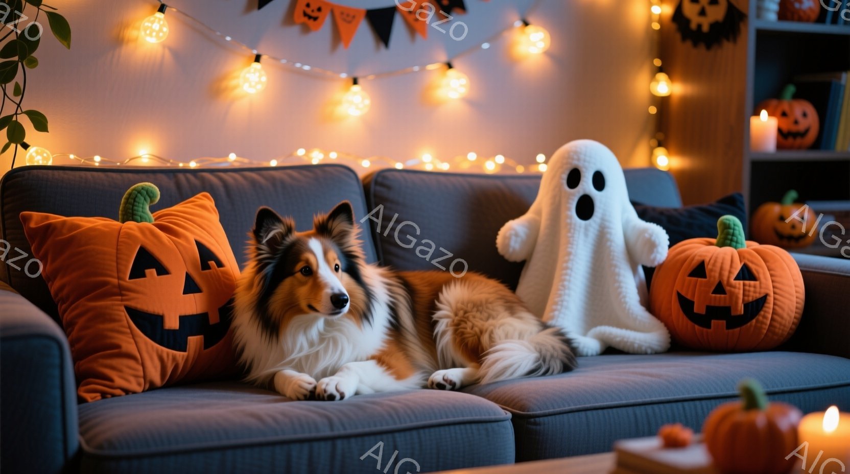 ソファに横たわるボーダーコリーが中央にいます。背景にはハロウィーンの装飾が施されており、カボチャのクッションやぬいぐるみ、ガーランド、そして小さなカボチャの置物が並んでいます。全体的に暖かく、居心地の - AI生成フリー素材