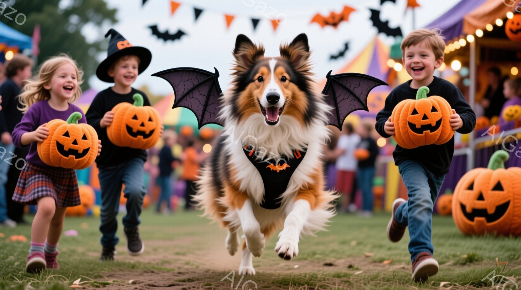ハロウィーンのイベントで、少女と少年がそれぞれジャック・オー・ランタンの形をしたお菓子入れを持って走り、その間を黒いバットマン風のコスチュームを着た犬が飛び越えています。少女は紫色のスカートと白いシャツを着ており、少年は黒い服を着て、笑顔で走っています。背景には、カラフルなハロウィーンの装飾、大きなカボチャ、そしてぼんやりと見える建物や木々があり、全体的に陽気で楽しい雰囲気が漂っています。