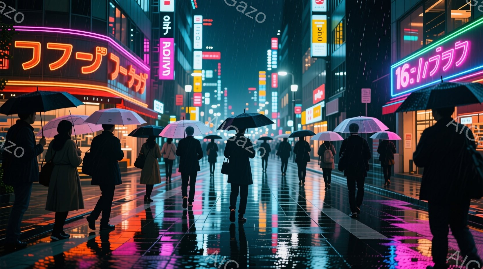 雨の夜、多くの人々が傘をさして横断歩道を歩いている。彼らは皆、黒やベージュなどの暗い色のコートを着ており、後ろ姿しか見えないため表情は読み取れないが、歩調は速く、どこか急いでいるように見える。背景にはネオンサインが輝く高層ビルが立ち並び、濡れた路面に光が反射し、幻想的な雰囲気を醸し出している。