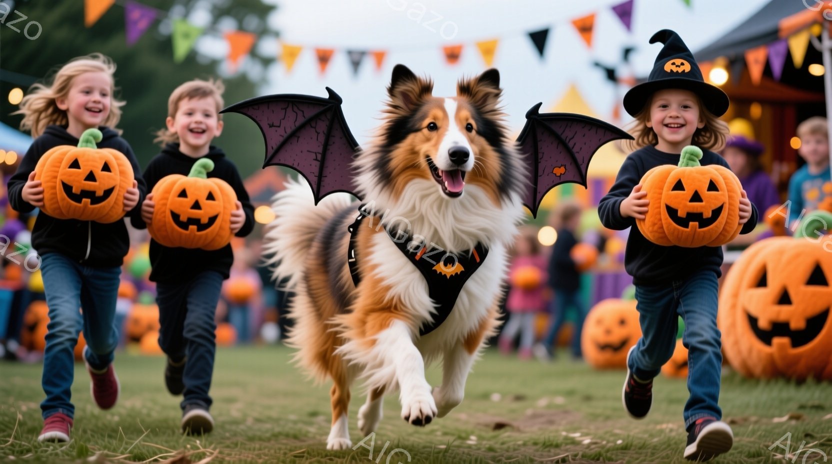 ハロウィーンのイベントで、二人の子どもと一匹のシェットランドシープドッグが、それぞれカボチャのバケツを持って走り回っています。子どもたちは黒い衣装を着ており、片方の女の子は魔女帽子をかぶっています。背 - AI生成フリー素材