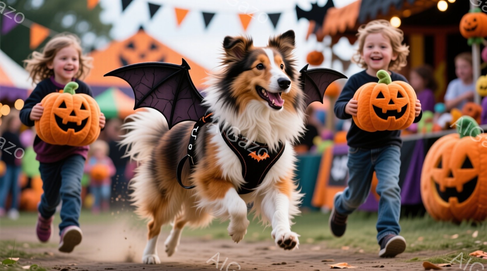 ハロウィーンの装飾に囲まれた屋外で、茶色と白のボーダーコリーが黒いコウモリの羽を付けて走り、両側にはそれぞれカボチャのバケツを持った女の子たちが並走している。女の子たちは笑顔で、明るい表情で楽しんでい - AI生成フリー素材