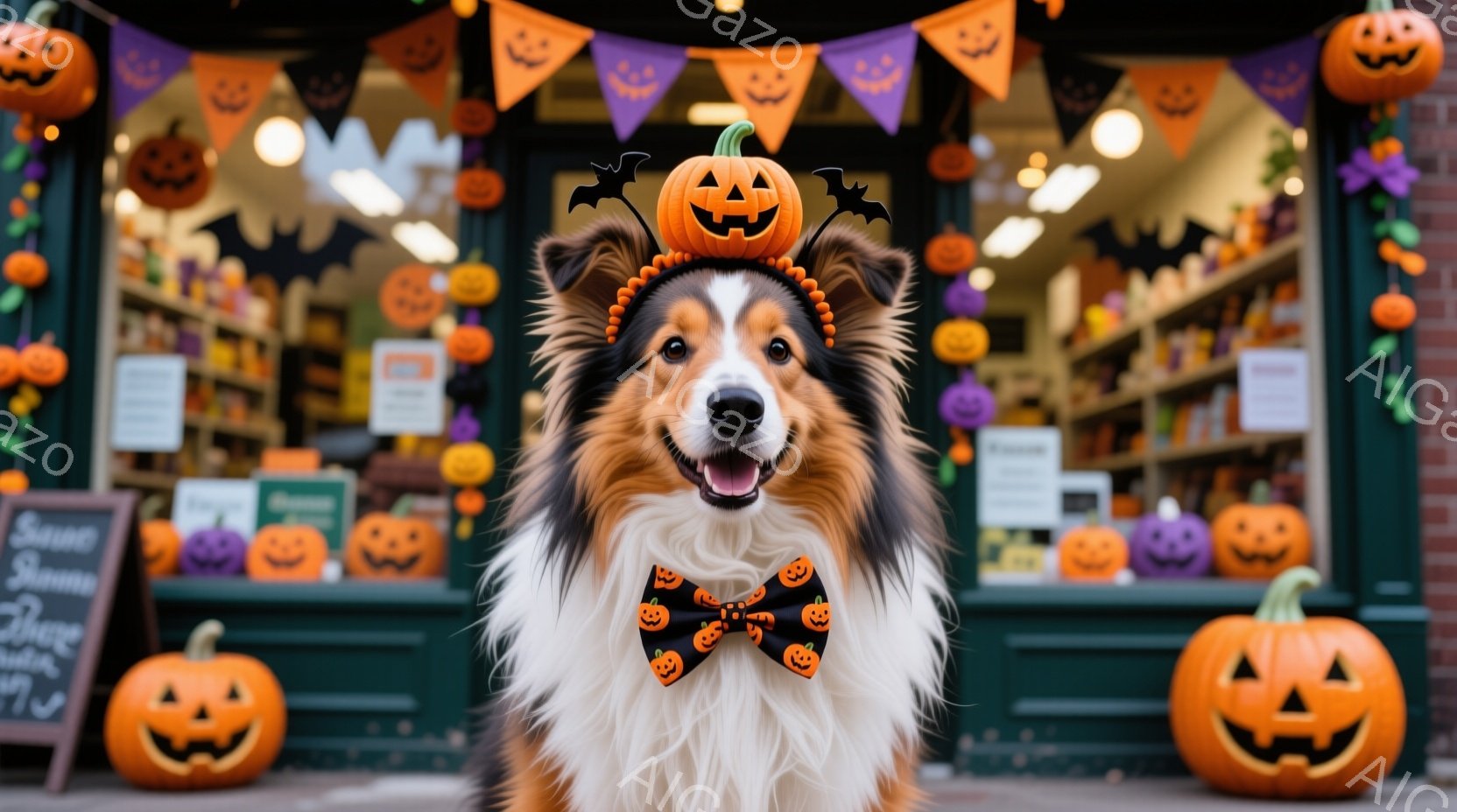 長毛のシェットランドシープドッグが、ハロウィーンをテーマにした装飾の中で正面を向いています。頭にはカボチャの飾りとボウタイをつけ、楽しそうな表情をしています。背景には、カボチャのランタンやハロウィーンの飾り付けがされたお店があり、お祝いムードに包まれています。