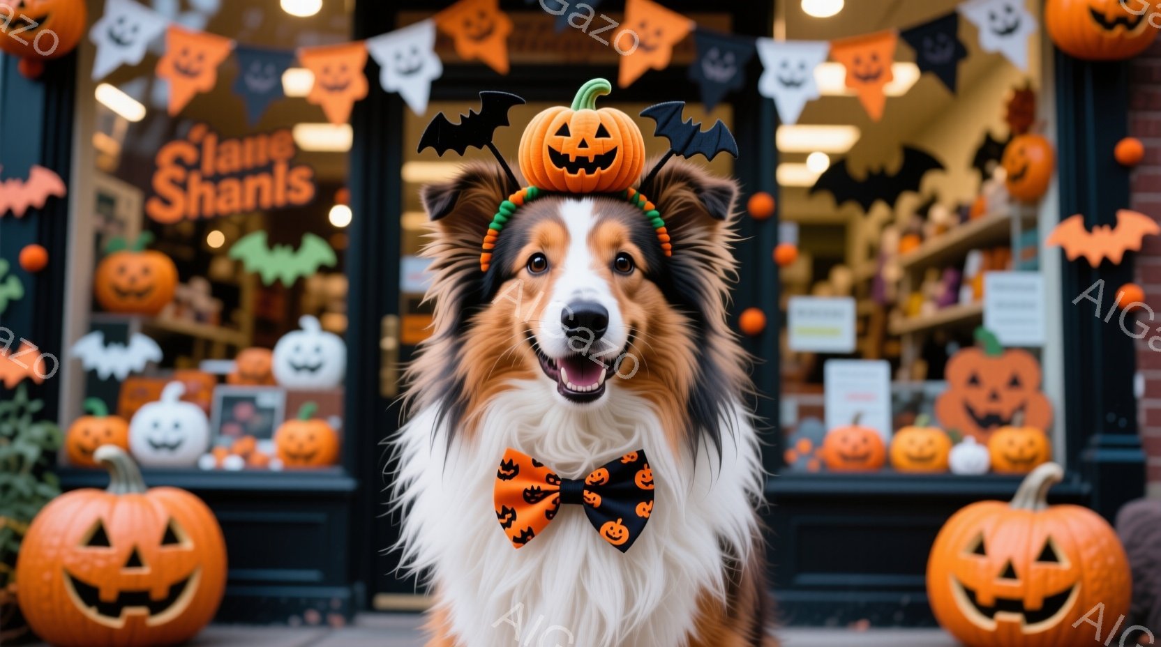 長毛のコリー犬が、ハロウィーンをテーマにした装飾を身に着けてカメラに向かって座っています。頭にはカボチャの形をしたヘッドバンド、首にはオレンジと黒の蝶ネクタイがついており、口を開けて楽しそうに微笑んでいます。背景には、様々なカボチャの装飾が施された店がぼやけて見え、お祝いの雰囲気が漂っています。
