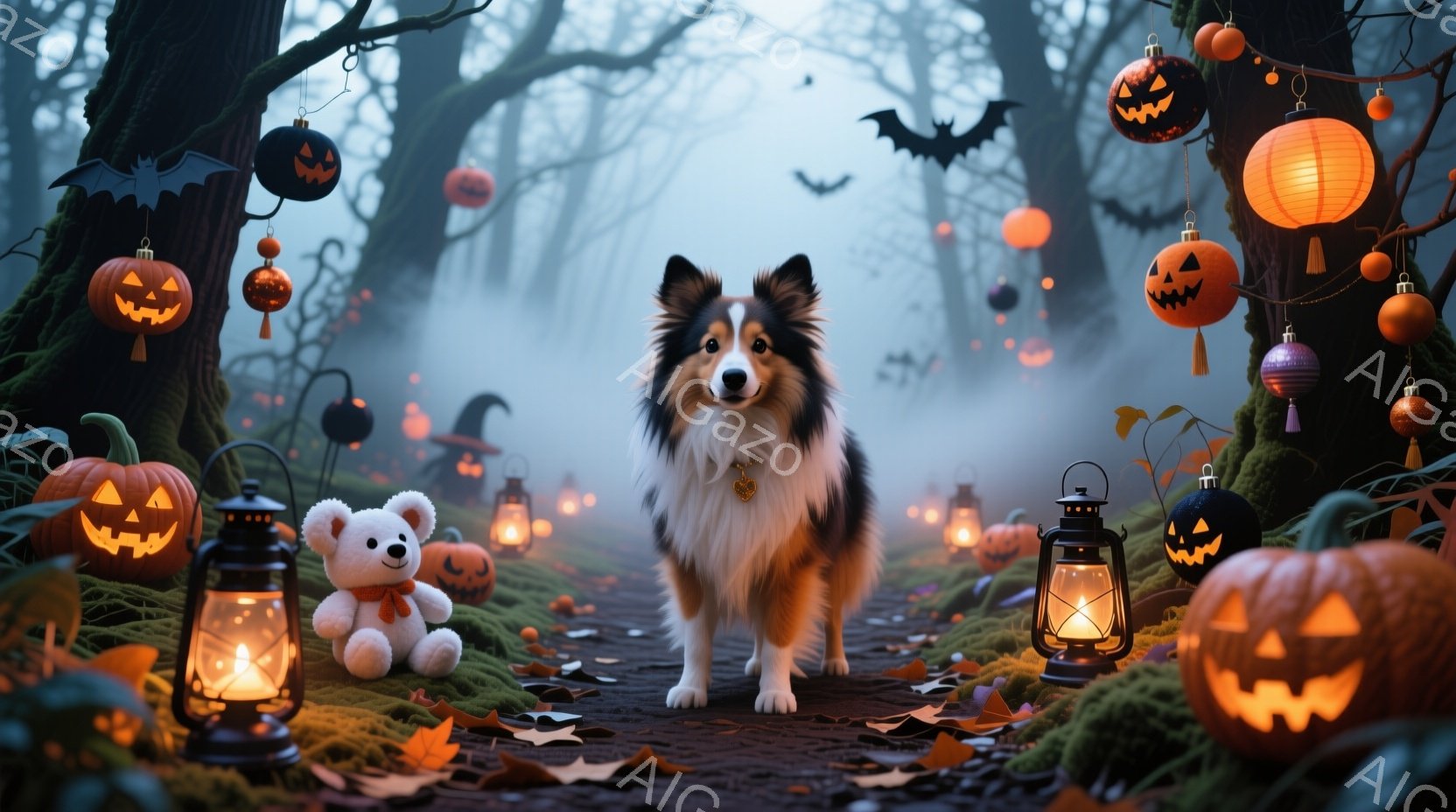 ハロウィンのテーマを持つもので、その中に一頭のコリーシップ（青色の短毛と長毛）が描かれています。彼は慎重な様子で道を歩き、周りに多くの灯り、パンプキン、お化け袋が見られる不思議な場所で行動しています。背景は幽玄で、霧がかかっている森に包まれ、毒々しい空気を漂わせています。全体的にスペンサーで、神秘的な印象を与えるものとなっています。