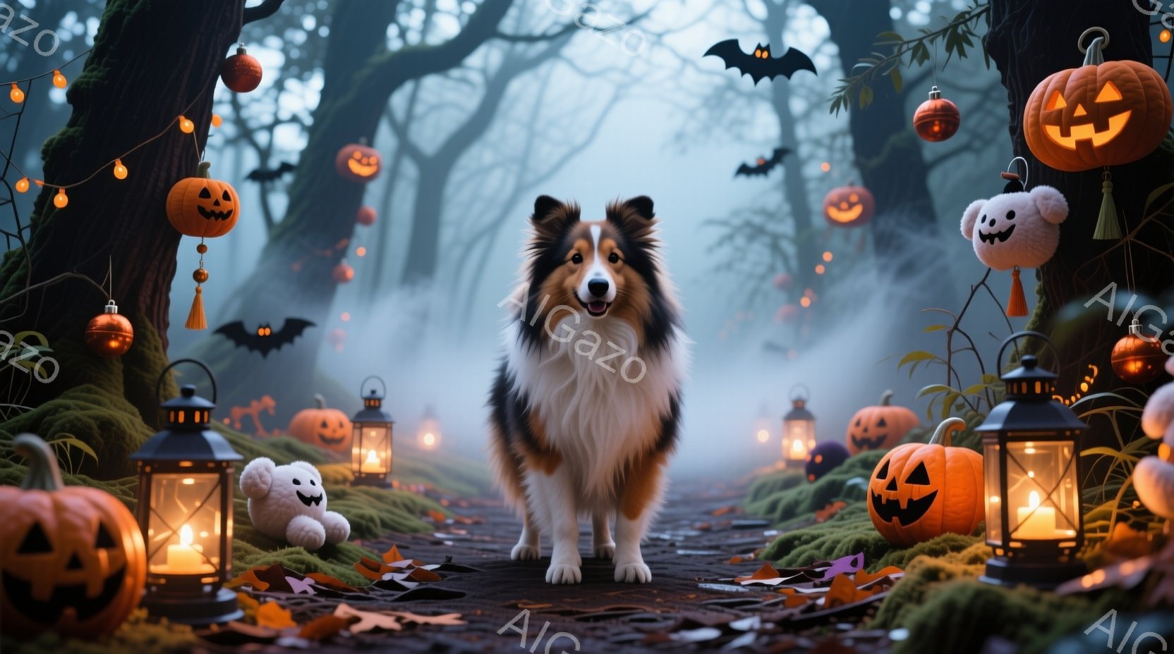 長毛のコリー犬が、ハロウィンの装飾が施された森の中央をまっすぐ見て立っている。背景には、提灯、カボチャのランタン、可愛らしい幽霊の人形が散りばめられ、霧が立ち込める森の木々の間からハロウィンの飾り付け - AI生成フリー素材
