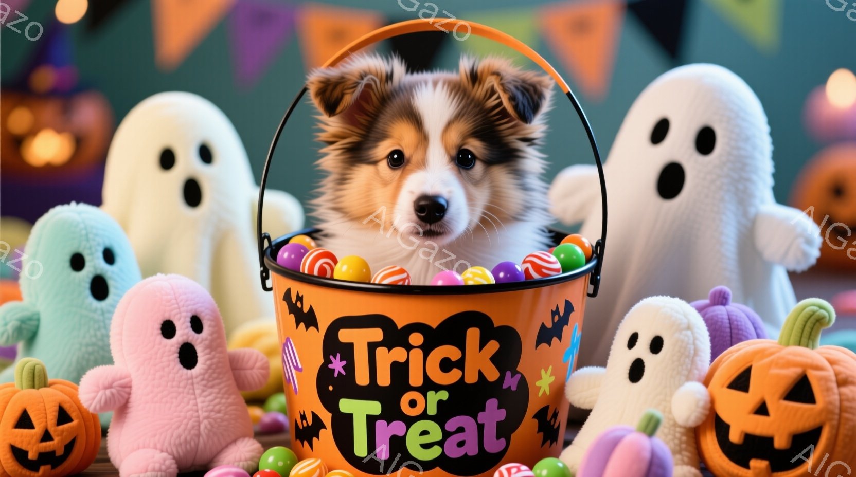 オレンジ色のハロウィーンバスケットの中に、茶色と白の毛並みを持つ子犬が顔を出しています。周りには、パステルカラーの幽霊のぬいぐるみや、笑顔のジャック・オー・ランタンが配置され、カラフルで楽しい雰囲気が - AI生成フリー素材
